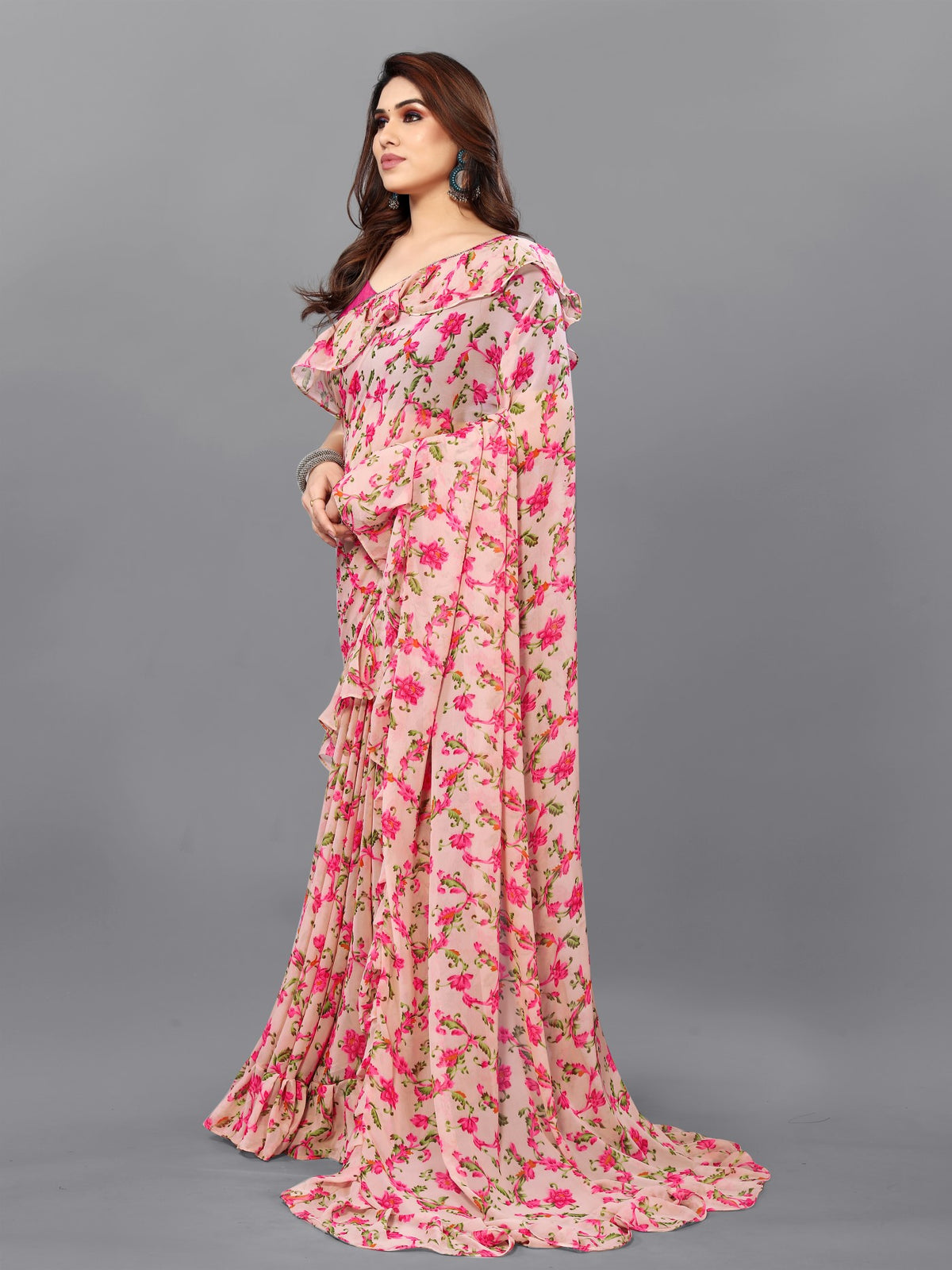 Multi Georgette Saree With Printed Ruffle Saree