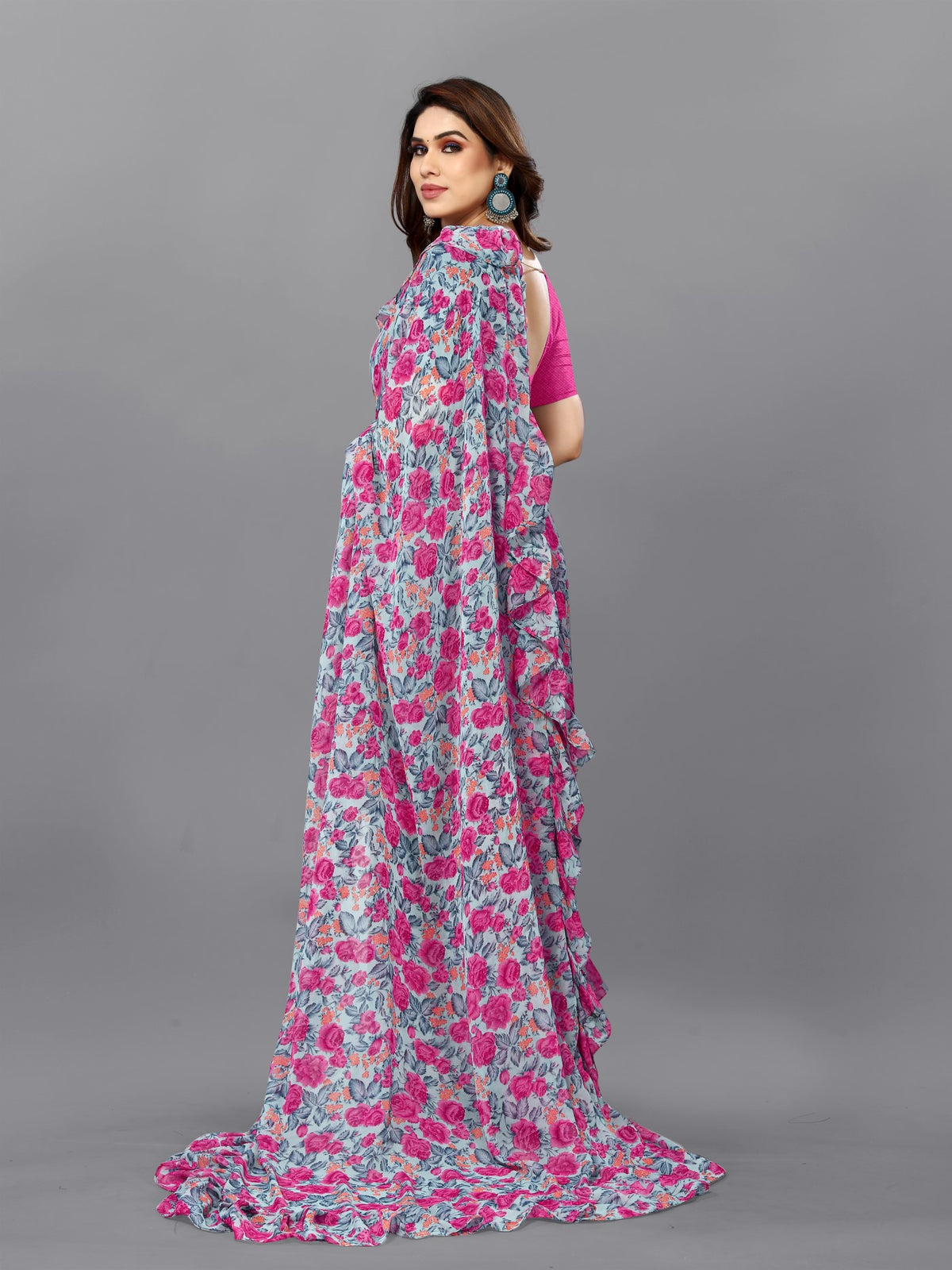 Multi Georgette Saree With Printed Ruffle Saree