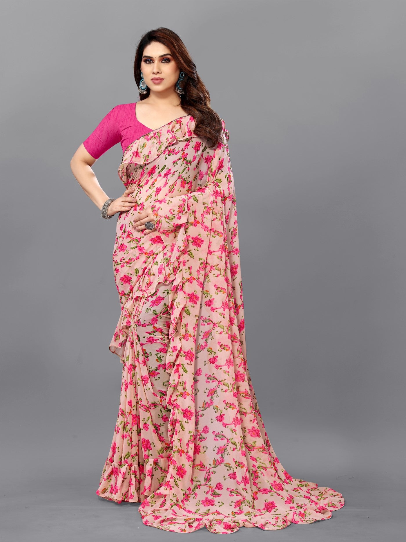 Multi Georgette Saree With Printed Ruffle Saree