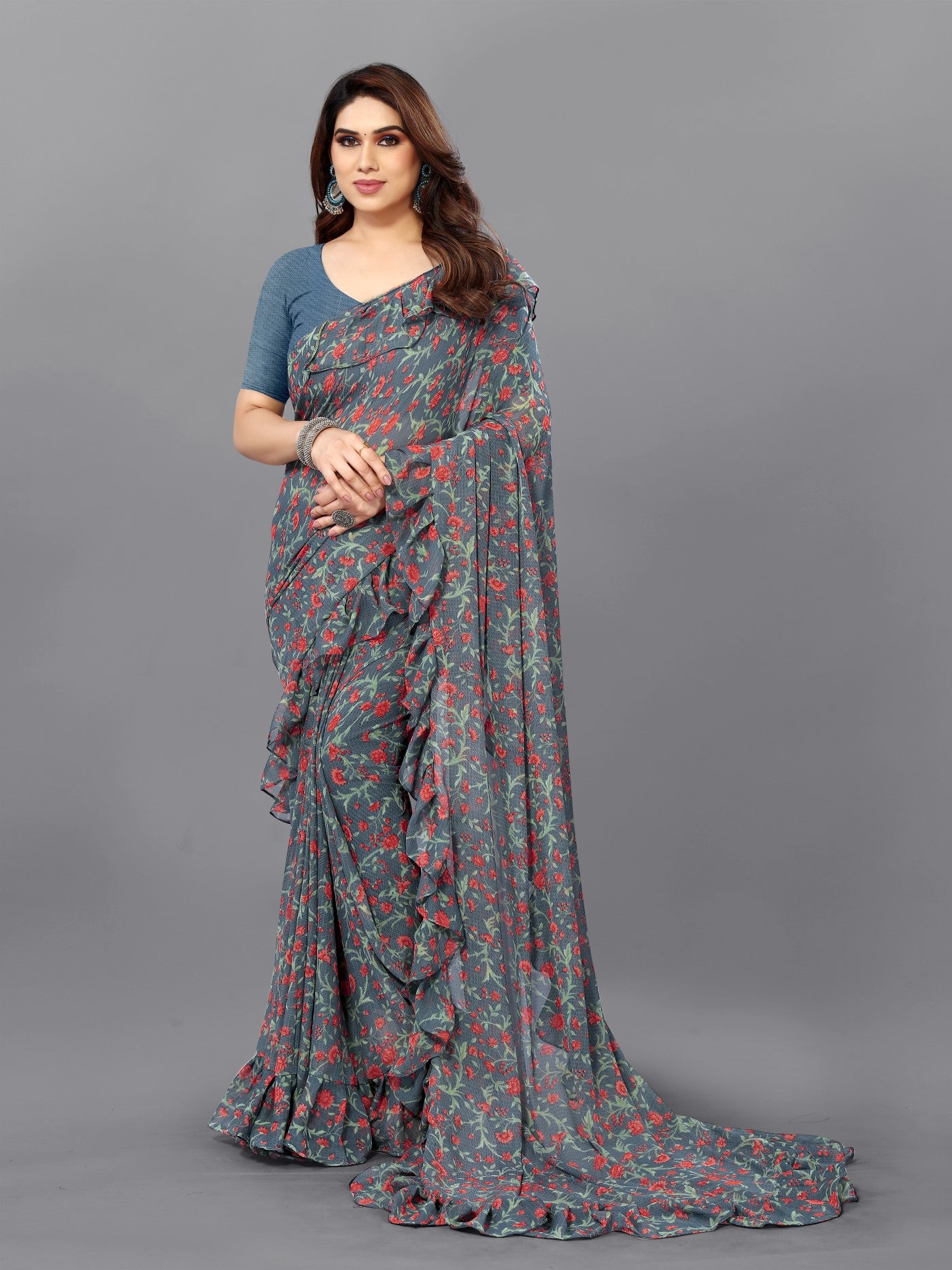 Multi Georgette Saree With Printed Ruffle Saree