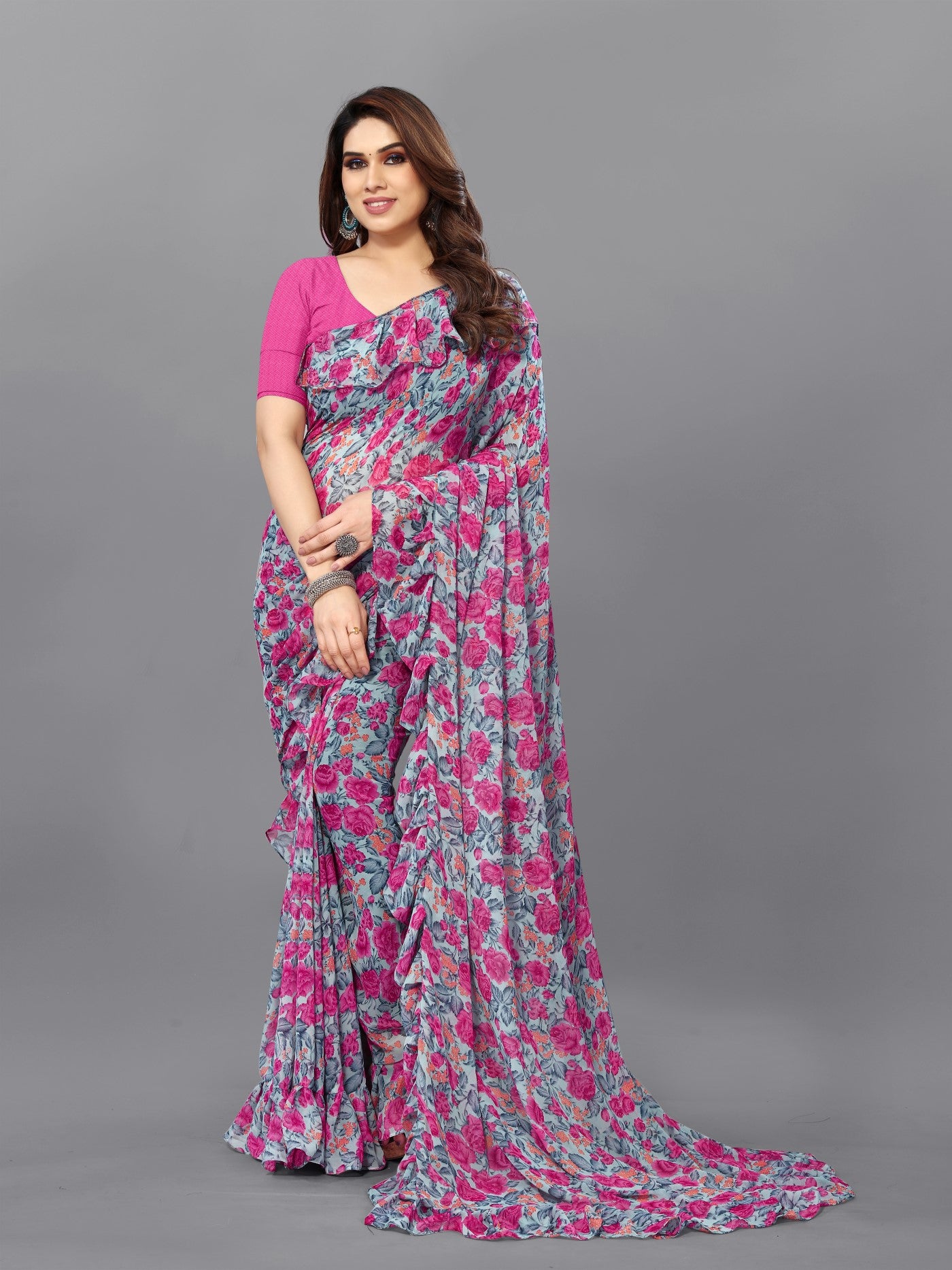 Multi Georgette Saree With Printed Ruffle Saree