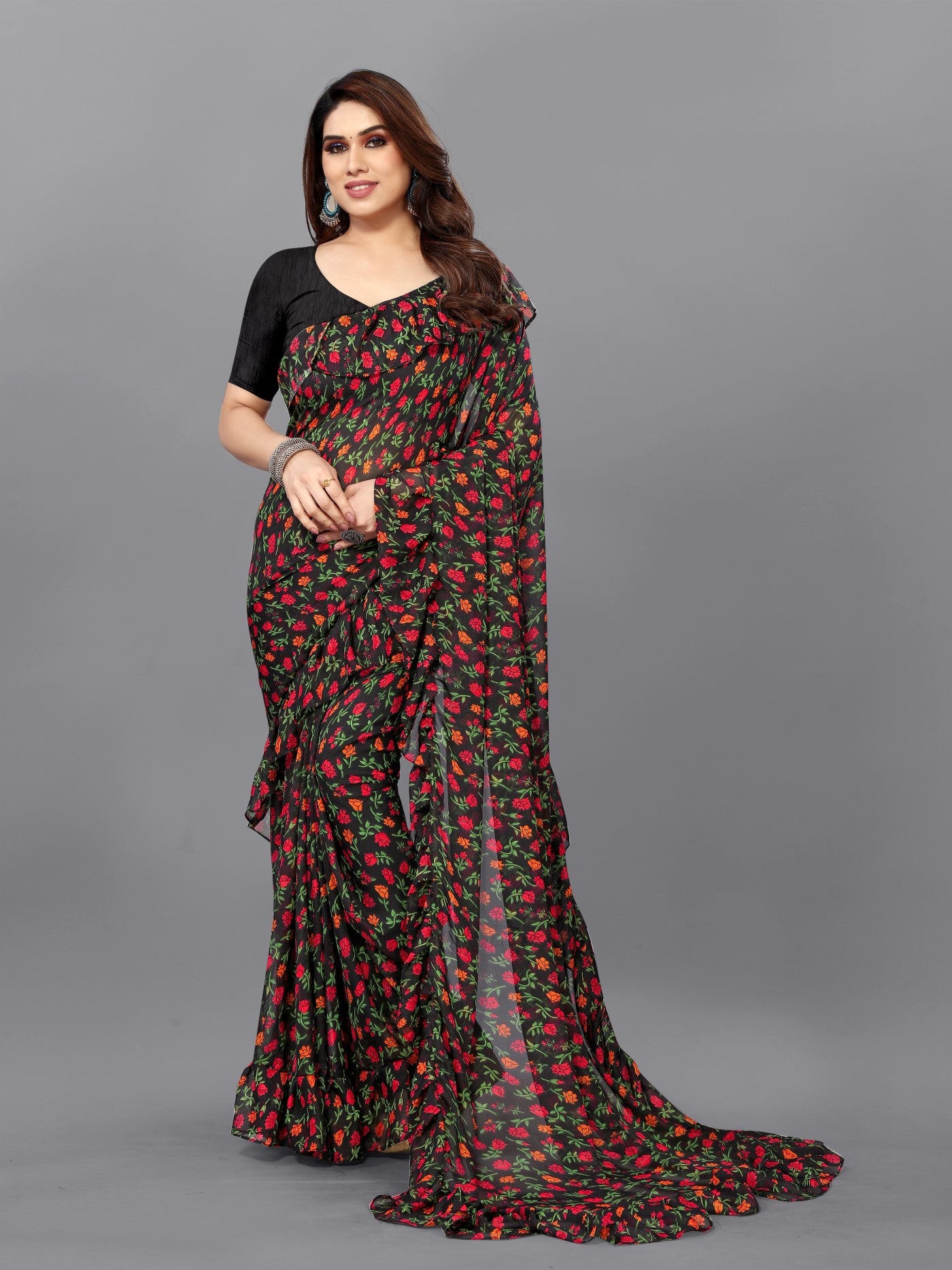 Multi Georgette Saree With Printed Ruffle Saree