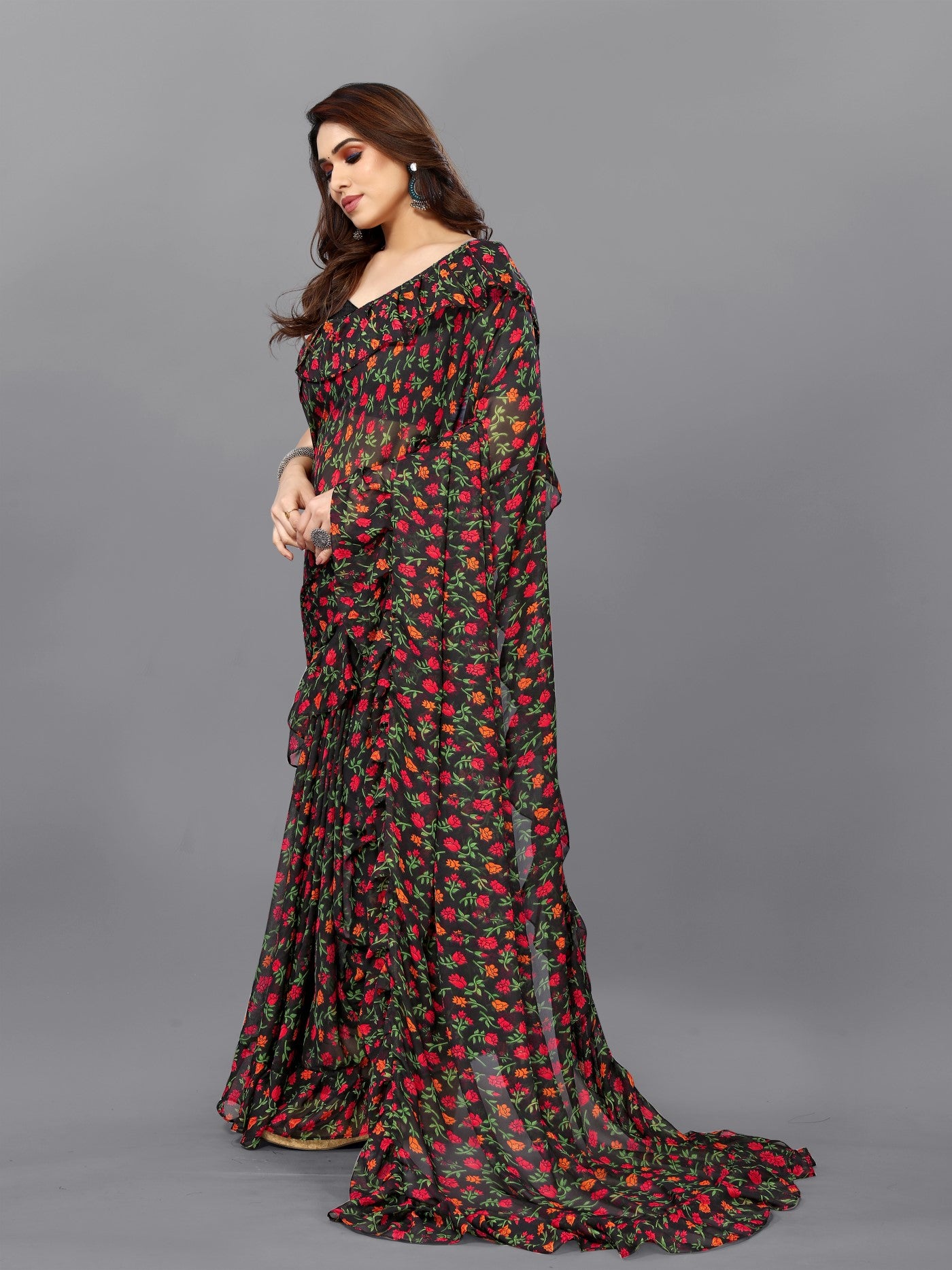 Multi Georgette Saree With Printed Ruffle Saree