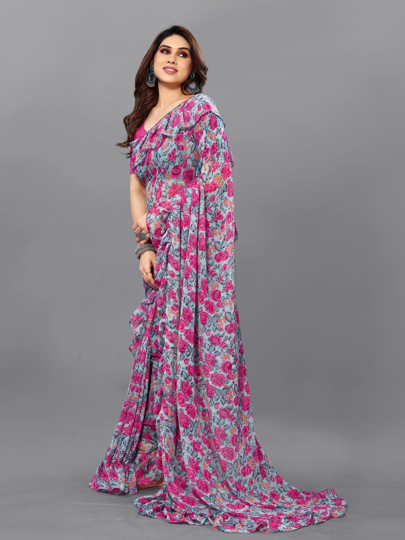 Multi Georgette Saree With Printed Ruffle Saree
