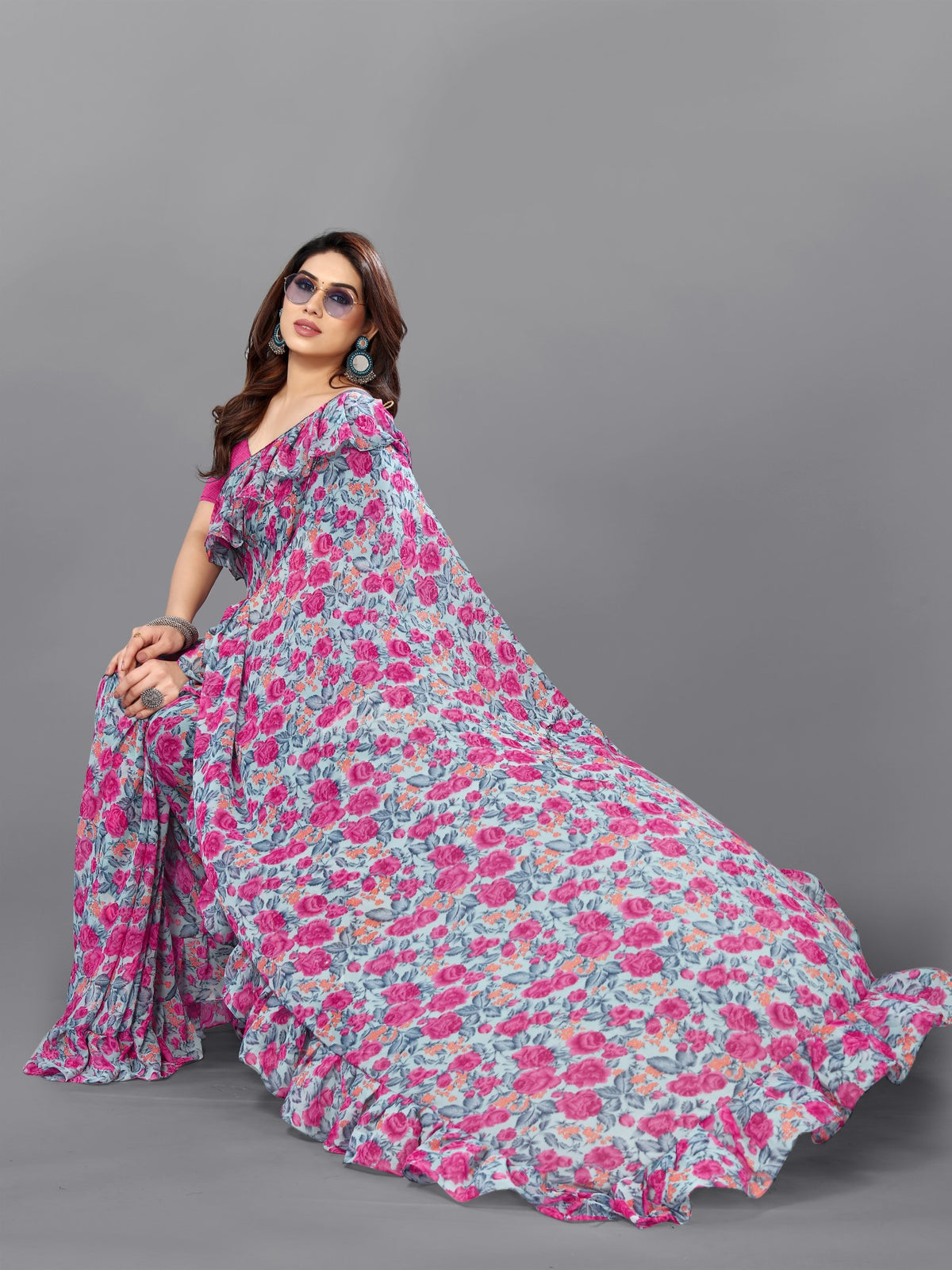 Multi Georgette Saree With Printed Ruffle Saree