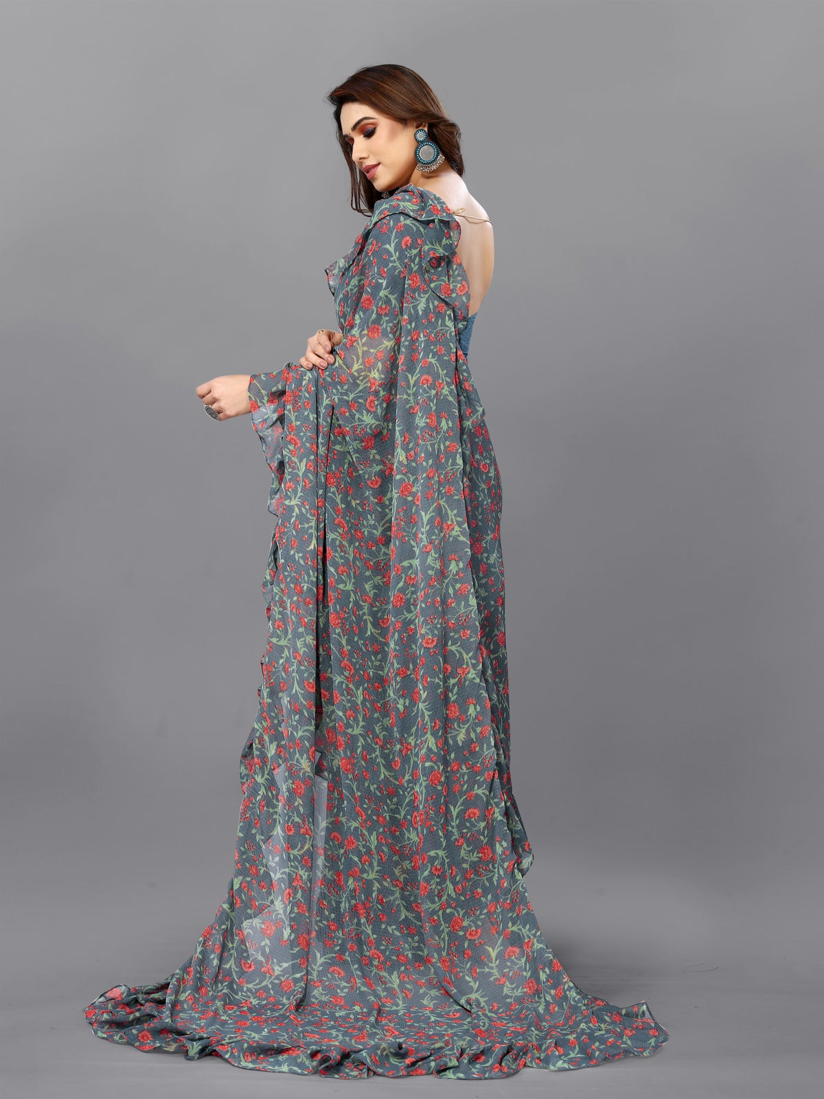 Multi Georgette Saree With Printed Ruffle Saree