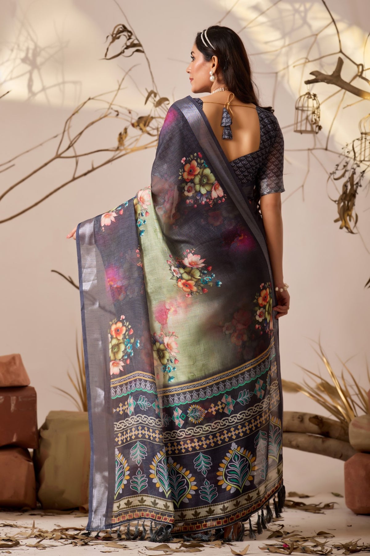 Multi Linen Cotton Saree With Digital Printed Premium Designer Saree