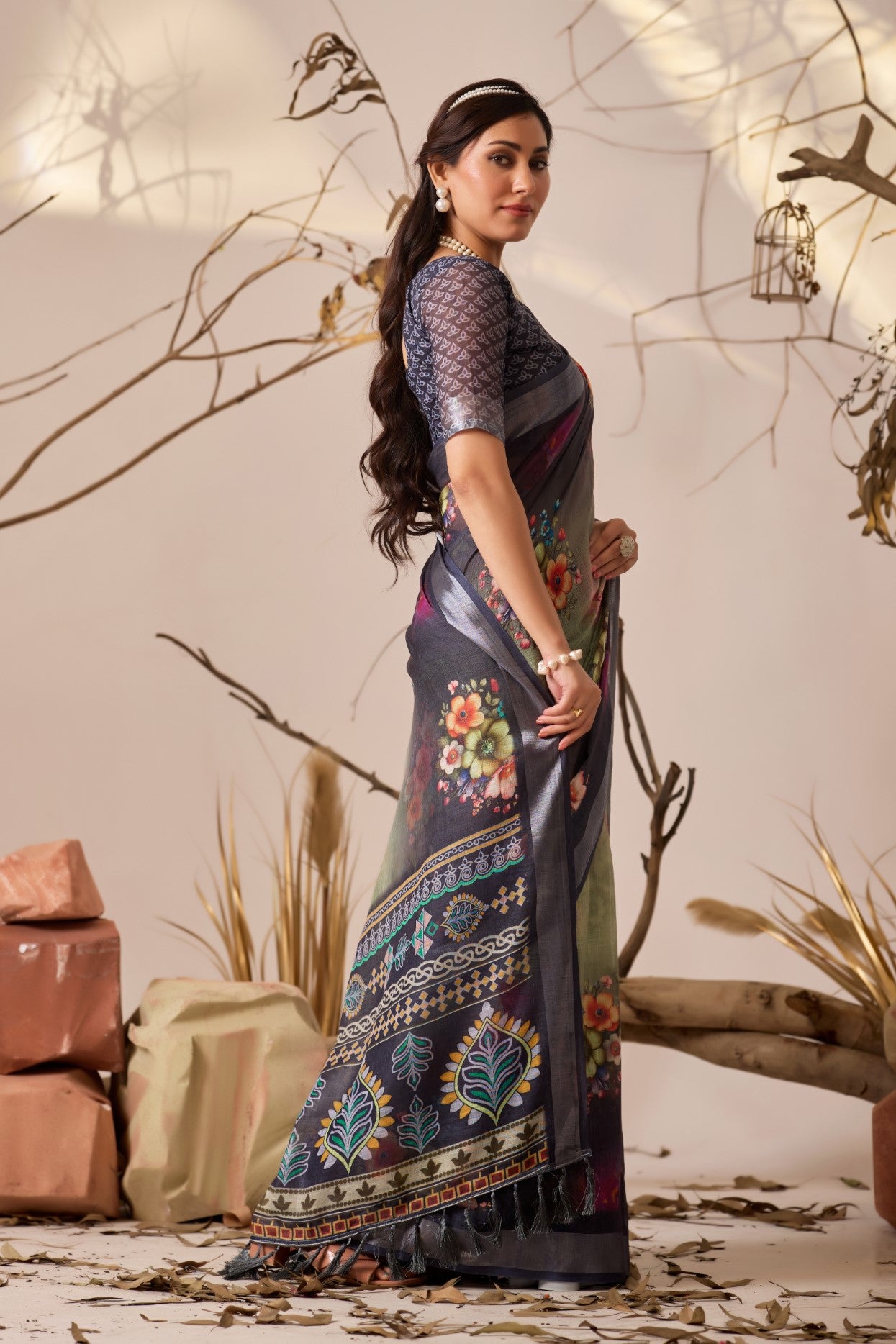 Multi Linen Cotton Saree With Digital Printed Premium Designer Saree