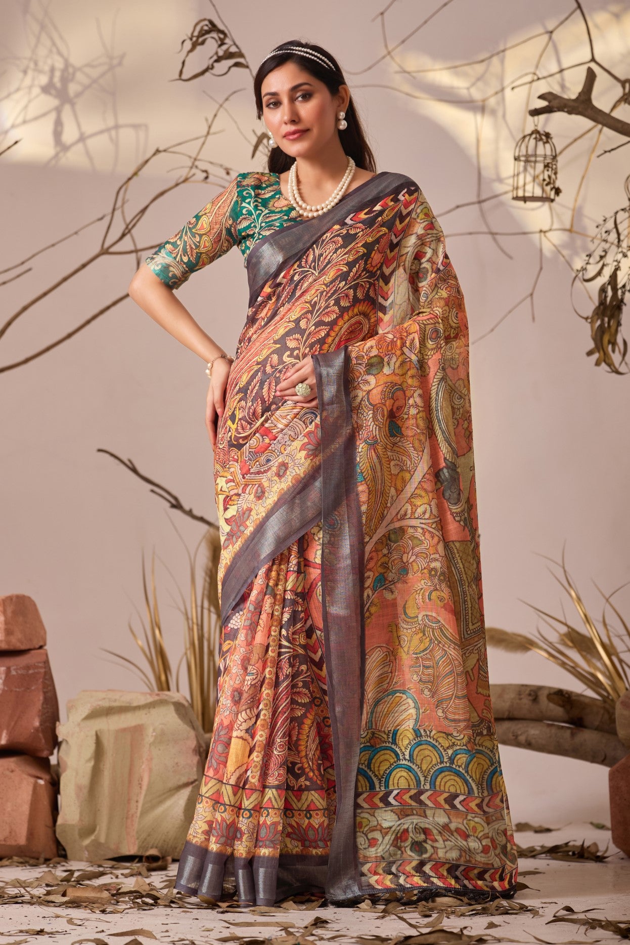 Multi Linen Cotton Saree With Digital Printed Premium Traditional Saree