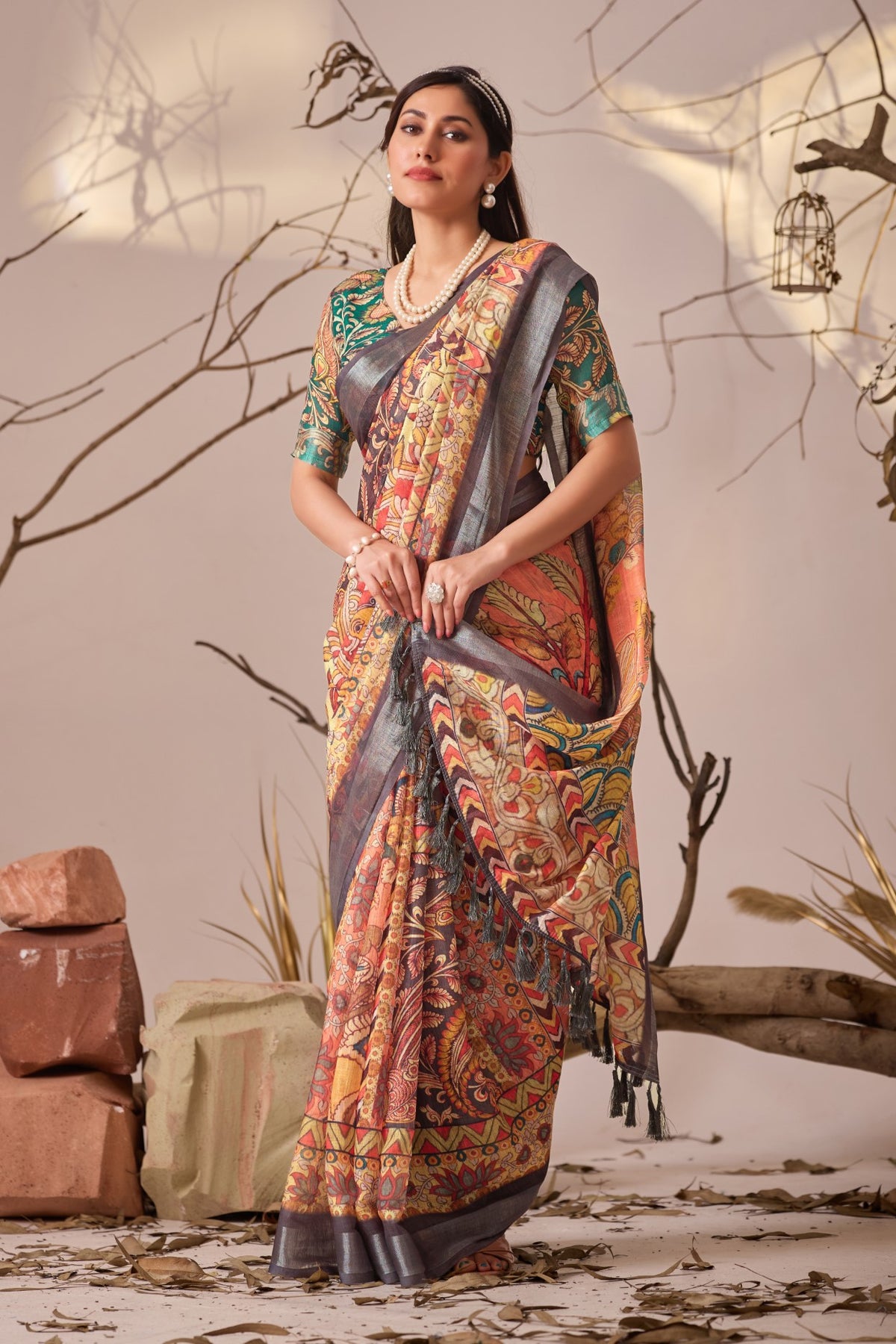 Multi Linen Cotton Saree With Digital Printed Premium Traditional Saree