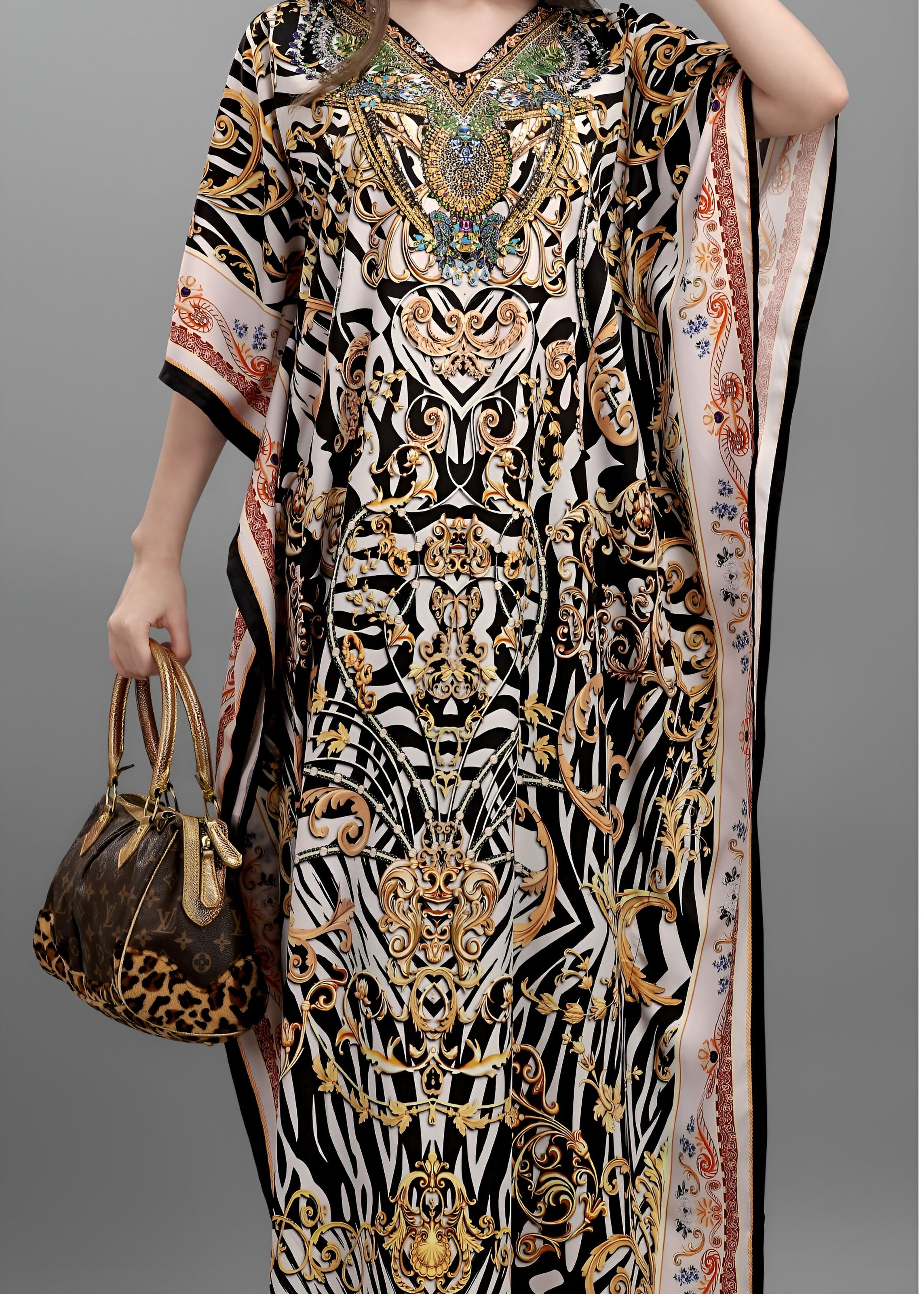 Multi Polyester Crepe Readymade Kaftan Digital Print With Stone Work