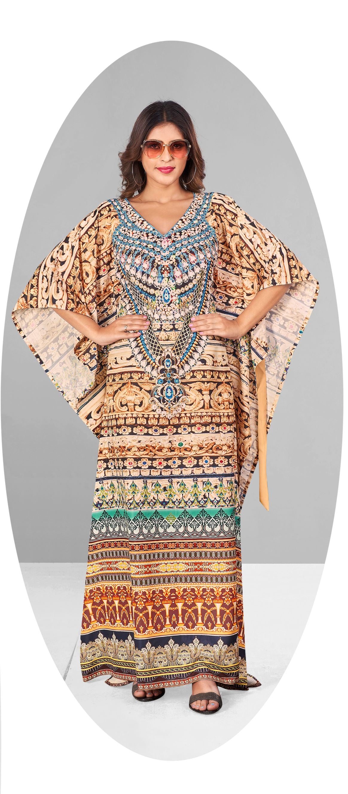 Multi Polyester Crepe Readymade Kaftan Digital Print With Stone Work