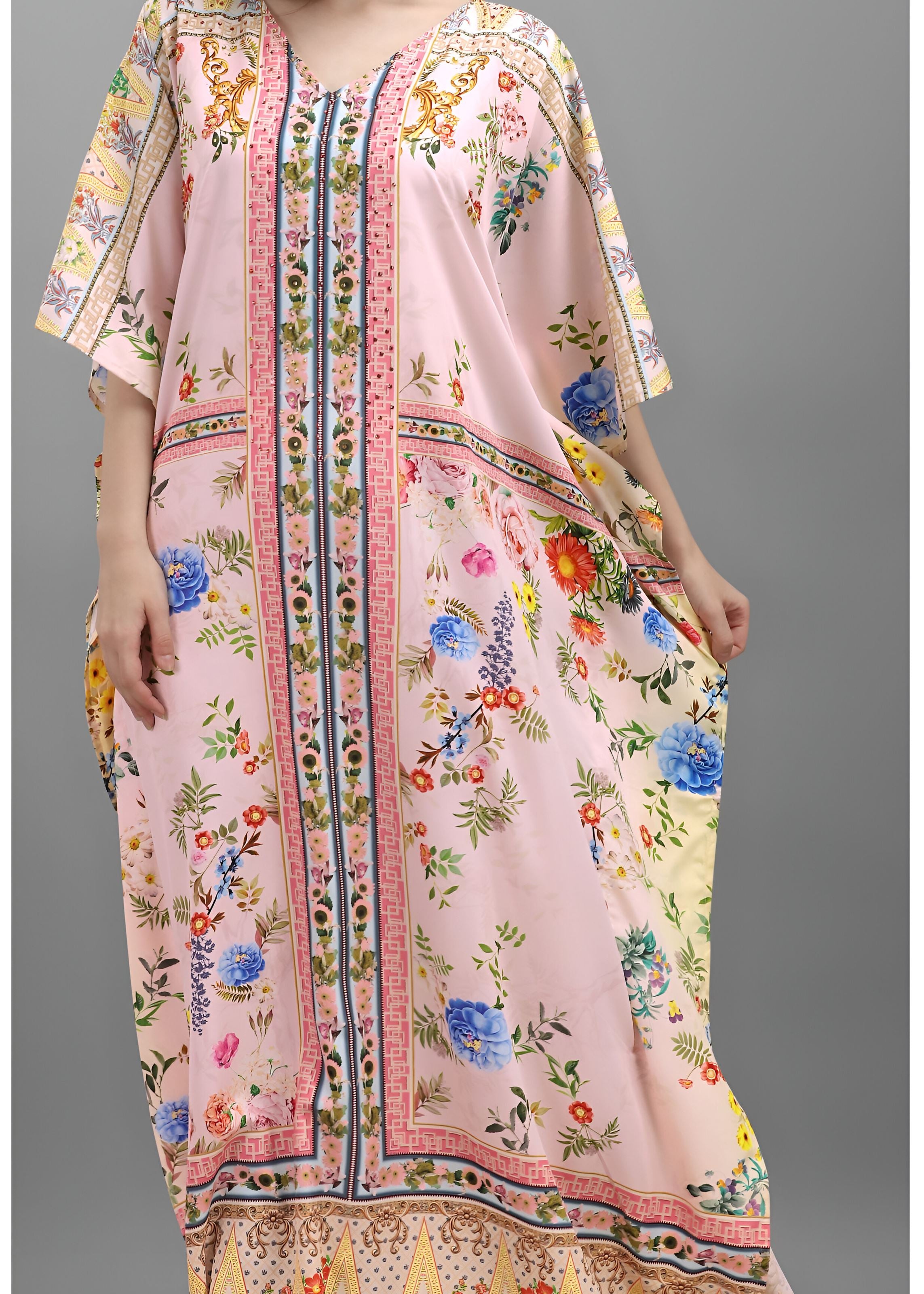 Multi Polyester Crepe Readymade Kaftan Digital Print With Stone Work