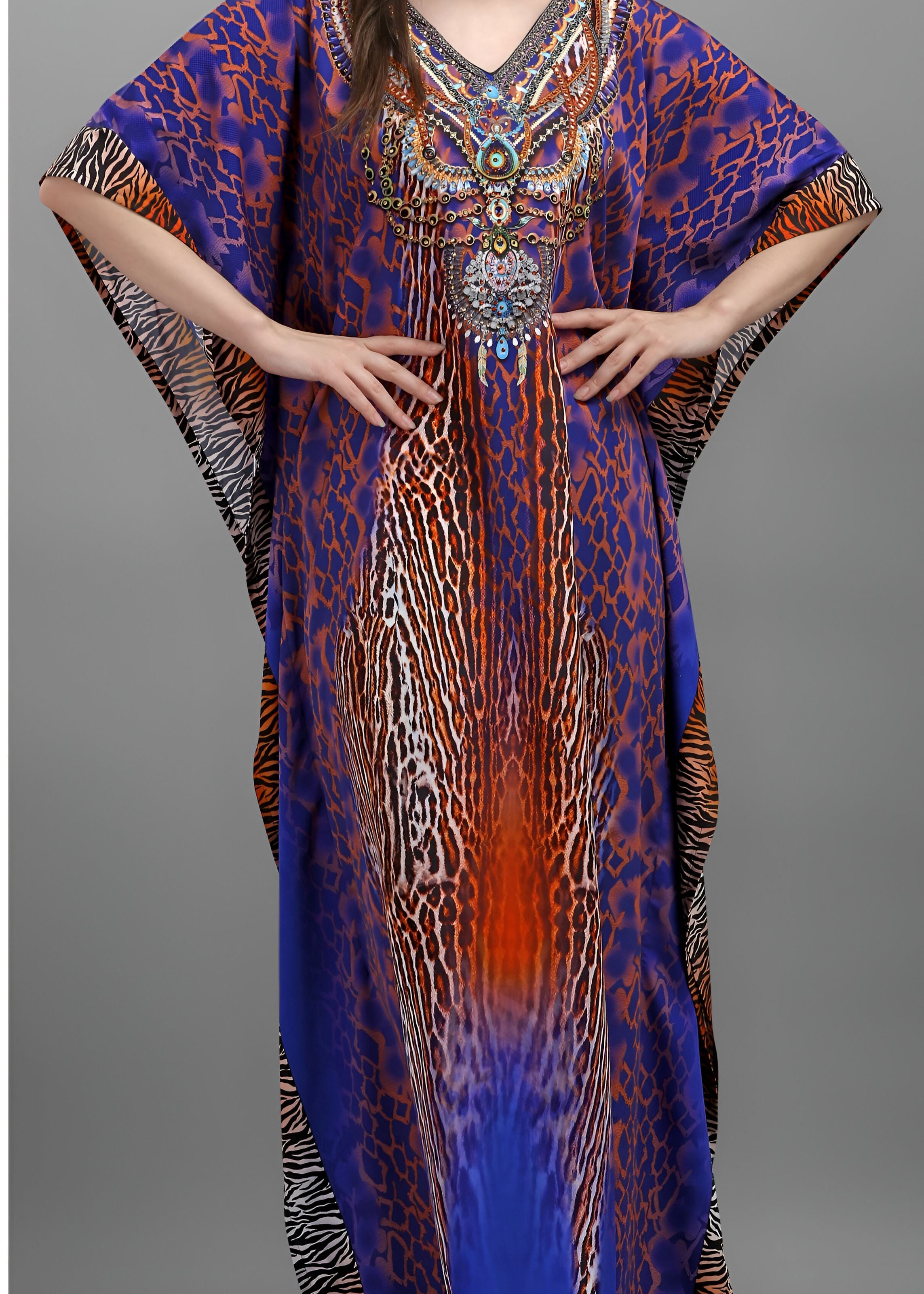 Multi Polyester Crepe Readymade Kaftan Digital Print With Stone Work