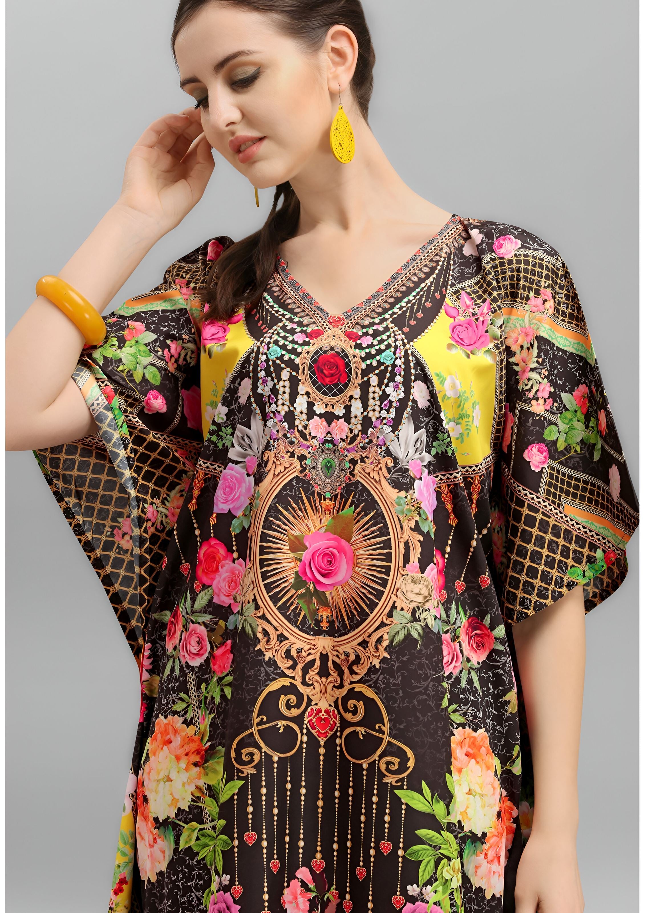 Multi Polyester Crepe Readymade Kaftan Digital Print With Stone Work