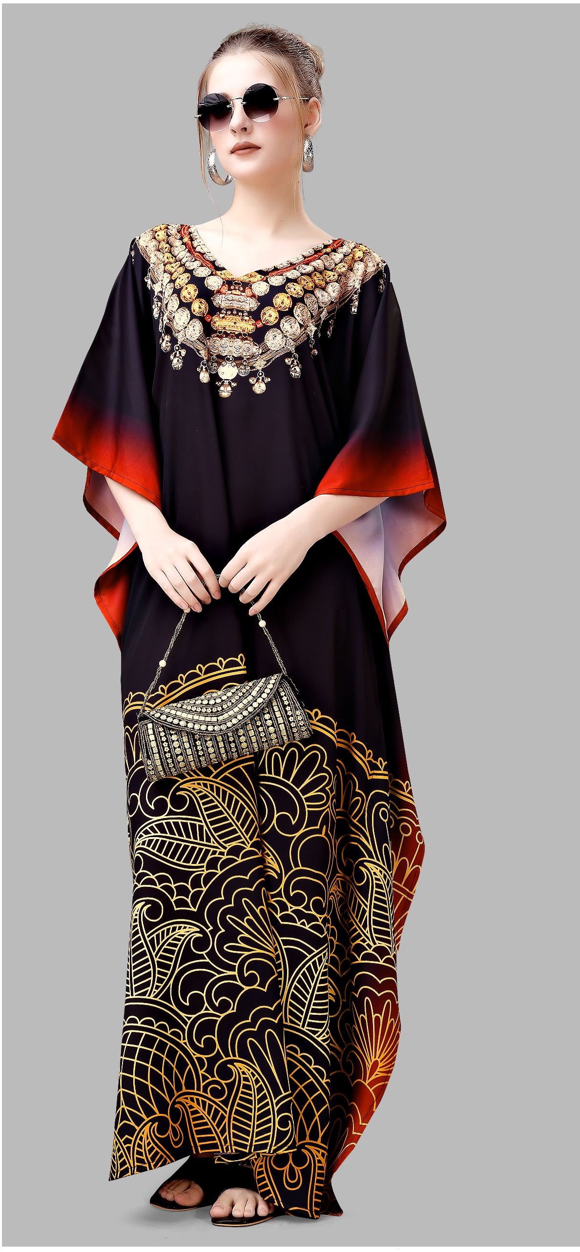 Multi Polyester Crepe Readymade Kaftan Digital Print With Stone Work