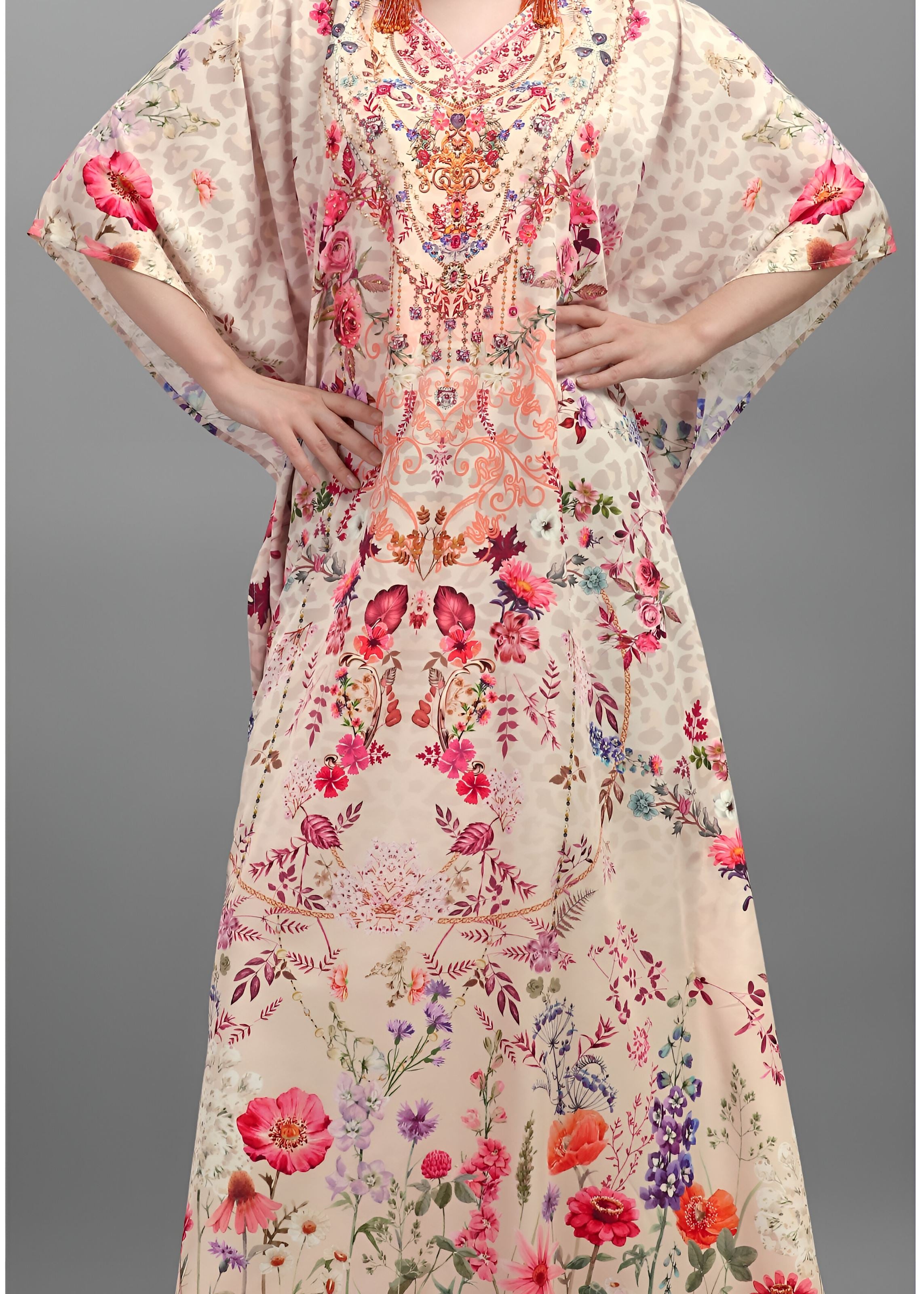 Multi Polyester Crepe Readymade Kaftan Digital Print With Stone Work