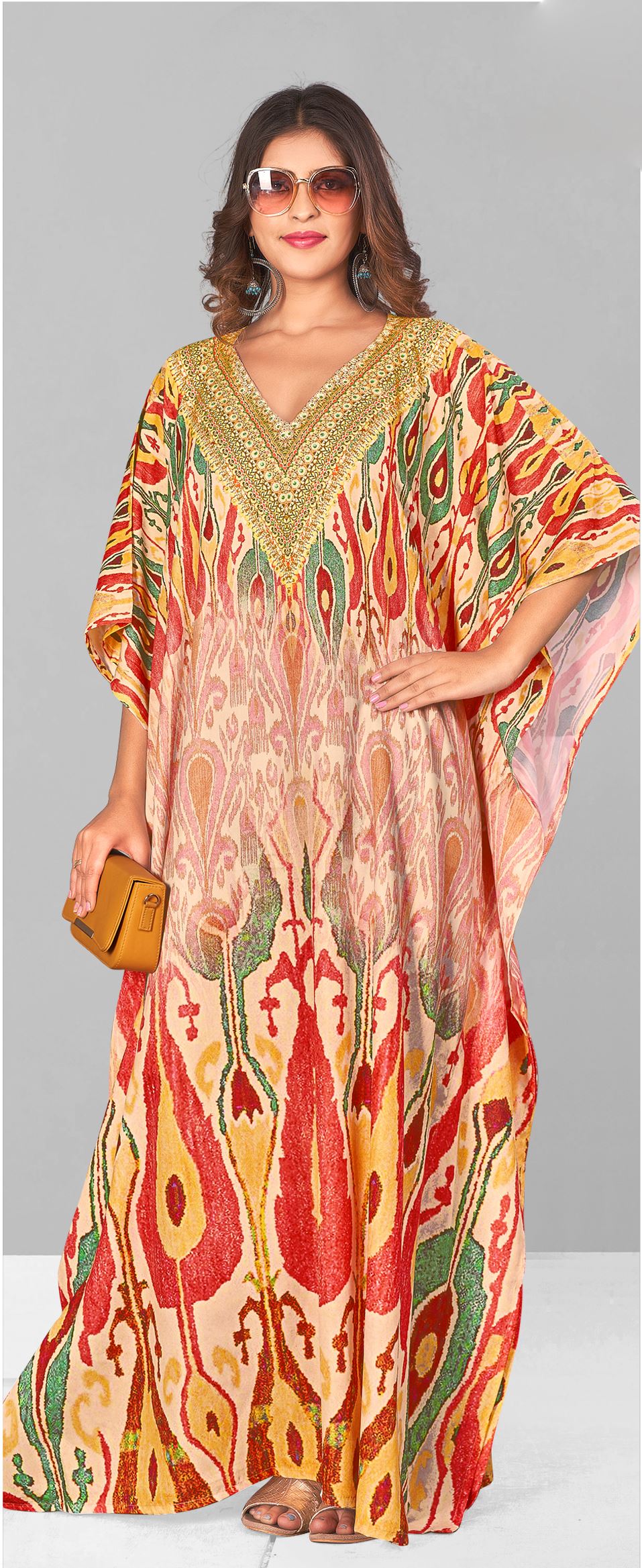 Multi Polyester Crepe Readymade Kaftan Digital Print With Stone Work