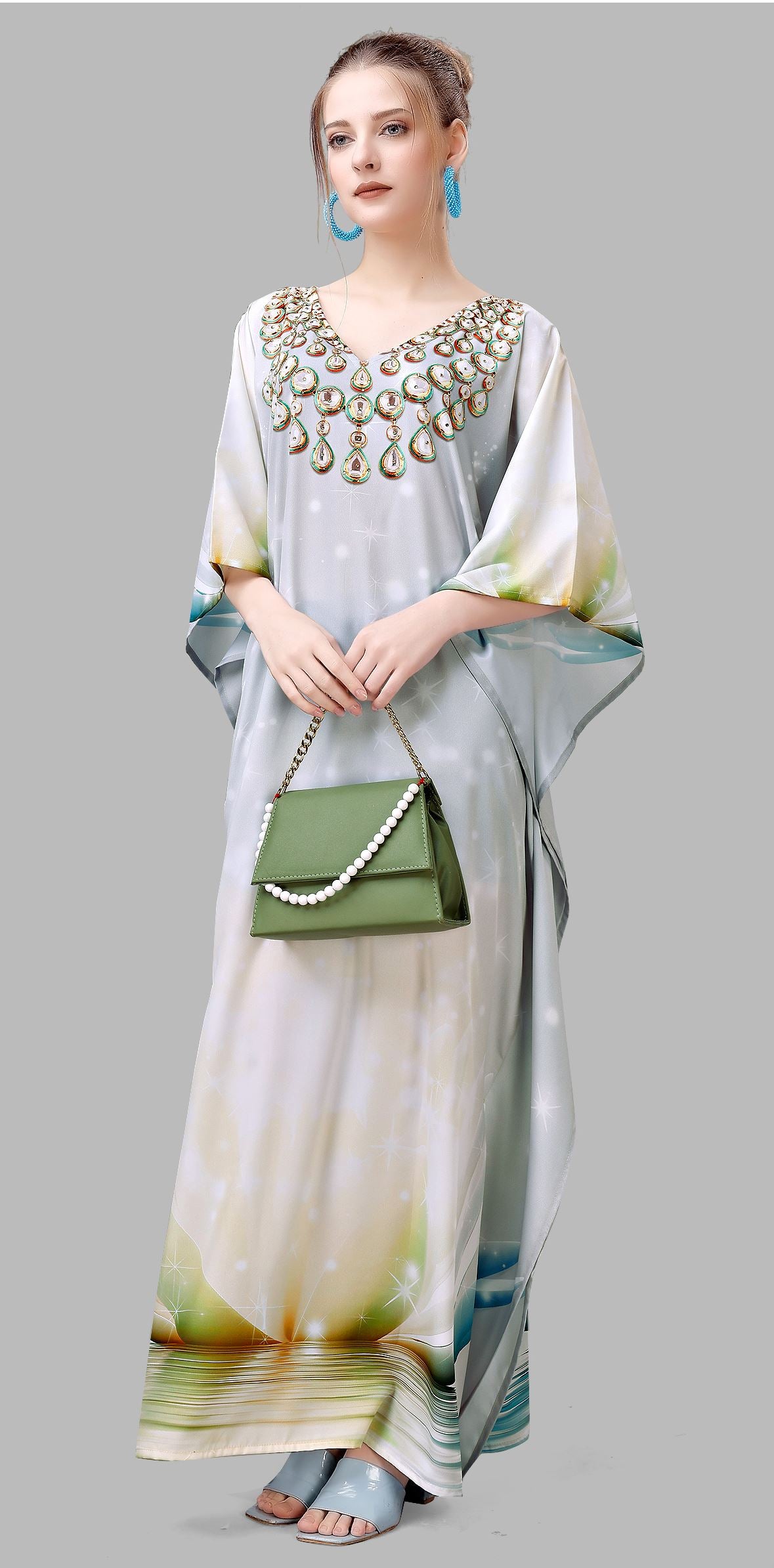 Multi Polyester Crepe Readymade Kaftan Digital Print With Stone Work