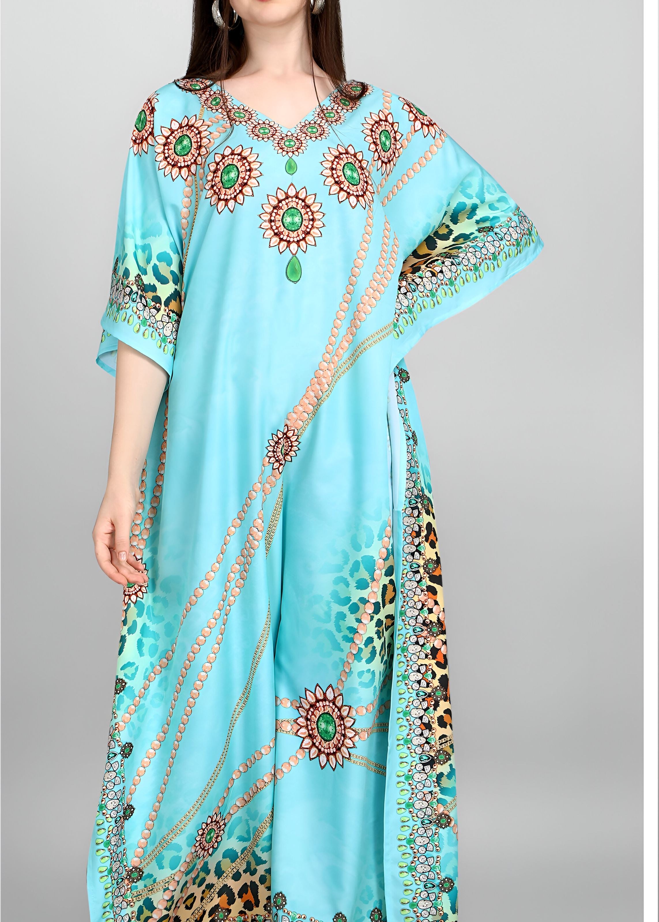 Multi Polyester Crepe Readymade Kaftan Digital Print With Stone Work