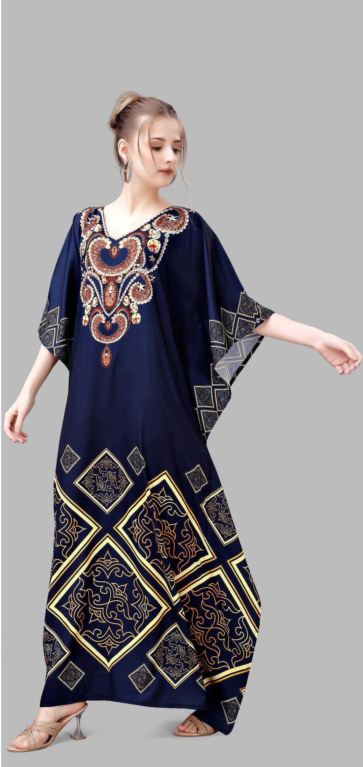 Multi Polyester Crepe Readymade Kaftan Digital Print With Stone Work