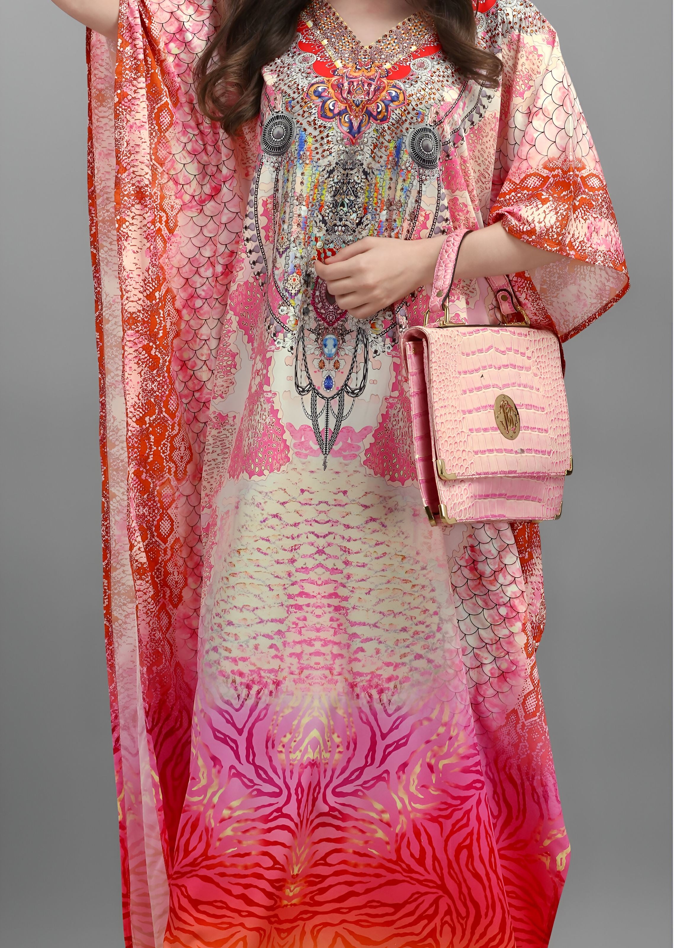Multi Polyester Crepe Readymade Kaftan Digital Print With Stone Work