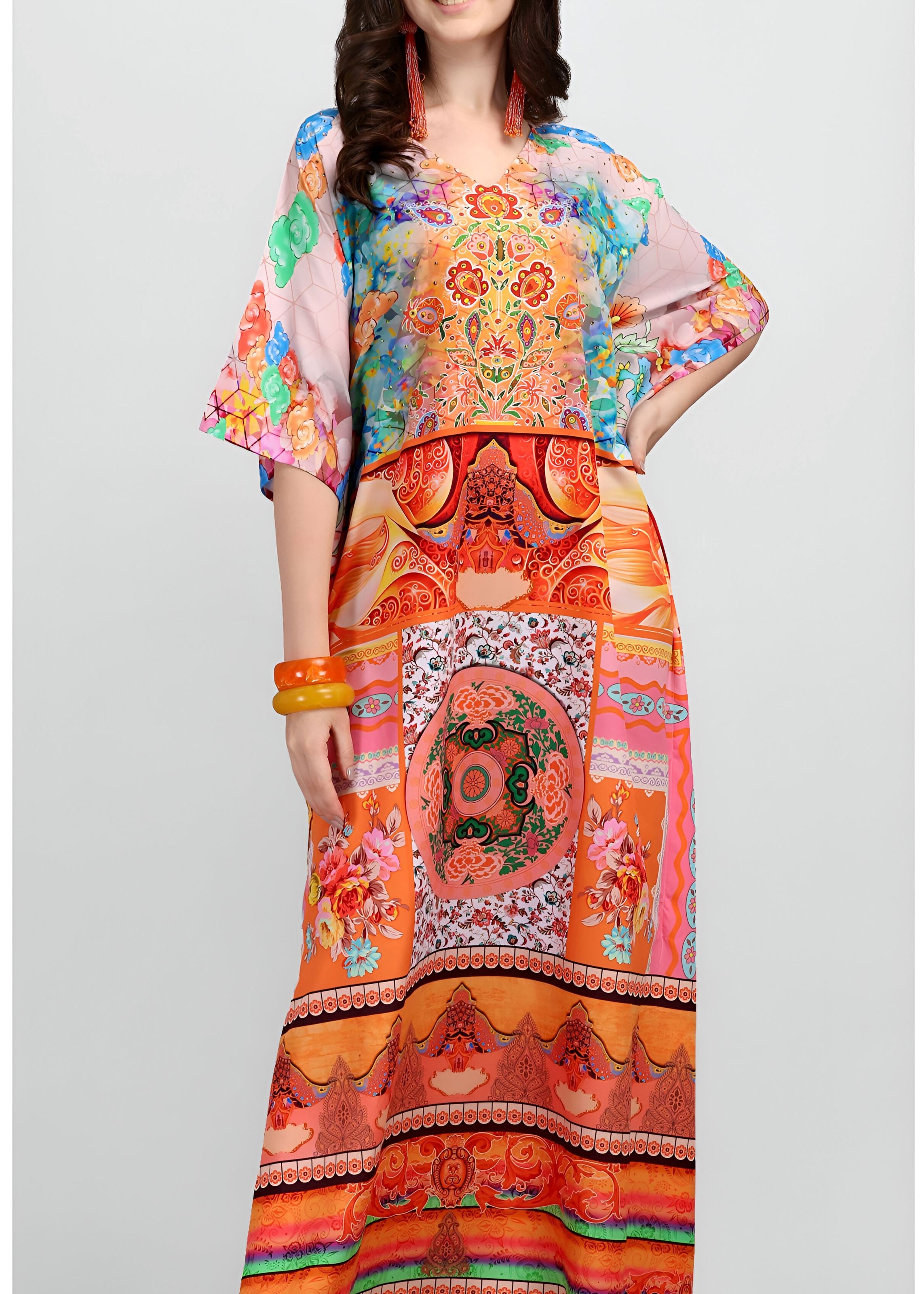 Multi Polyester Crepe Readymade Kaftan Digital Print With Stone Work