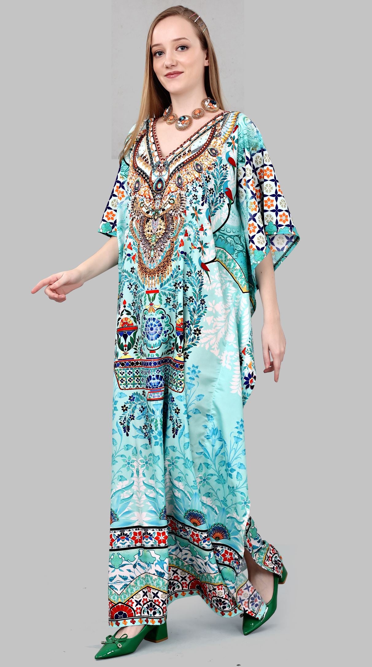 Multi Polyester Crepe Readymade Kaftan Digital Print With Stone Work