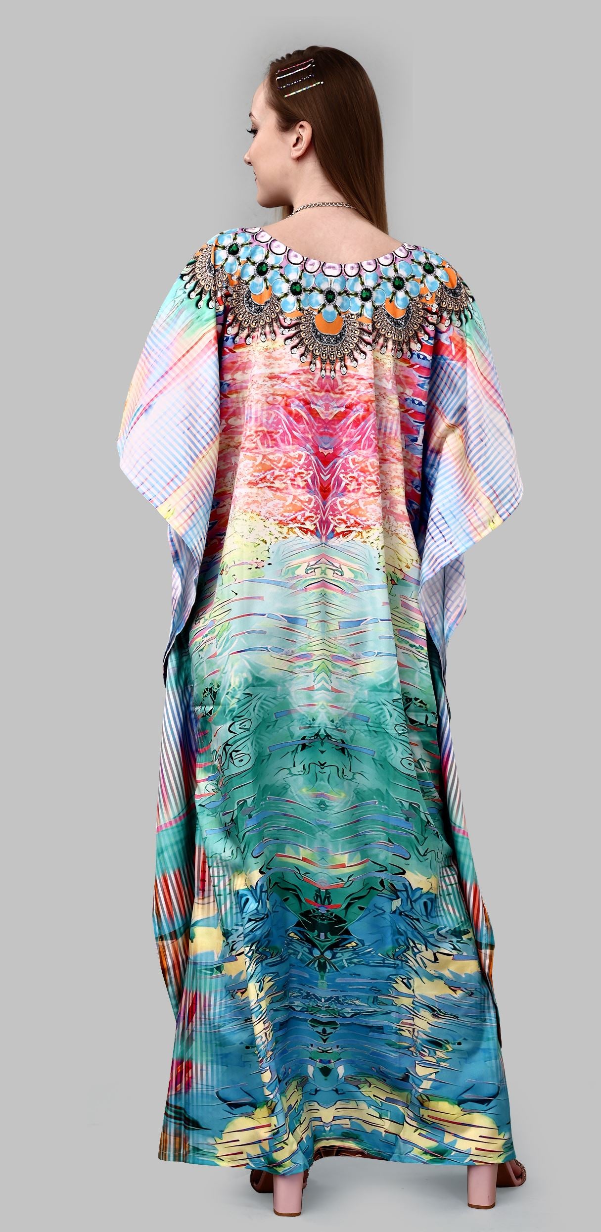 Multi Polyester Crepe Readymade Kaftan Digital Print With Stone Work