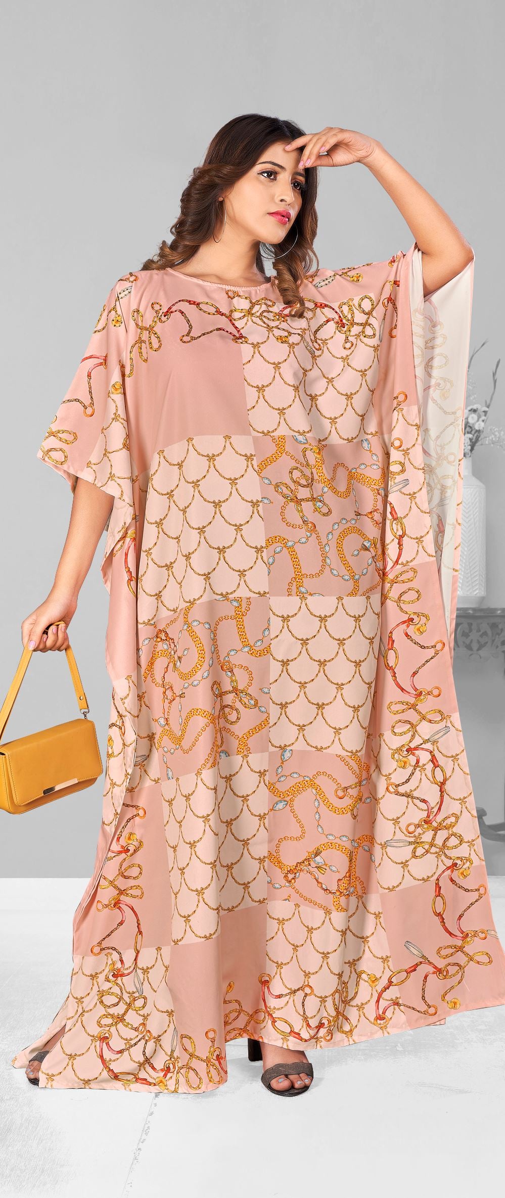 Multi Polyester Crepe Readymade Kaftan Digital Print With Stone Work