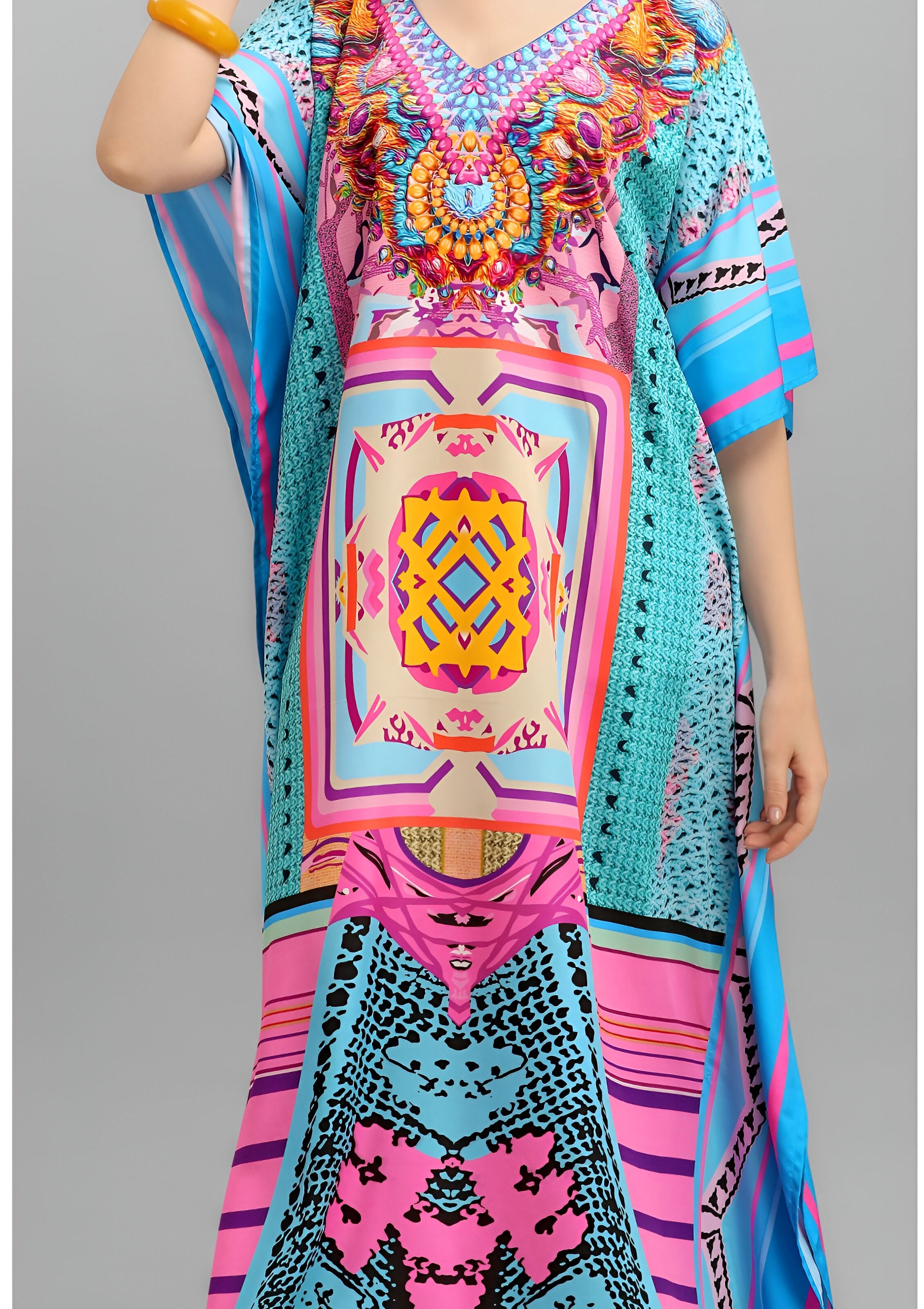 Multi Polyester Crepe Readymade Kaftan Digital Print With Stone Work