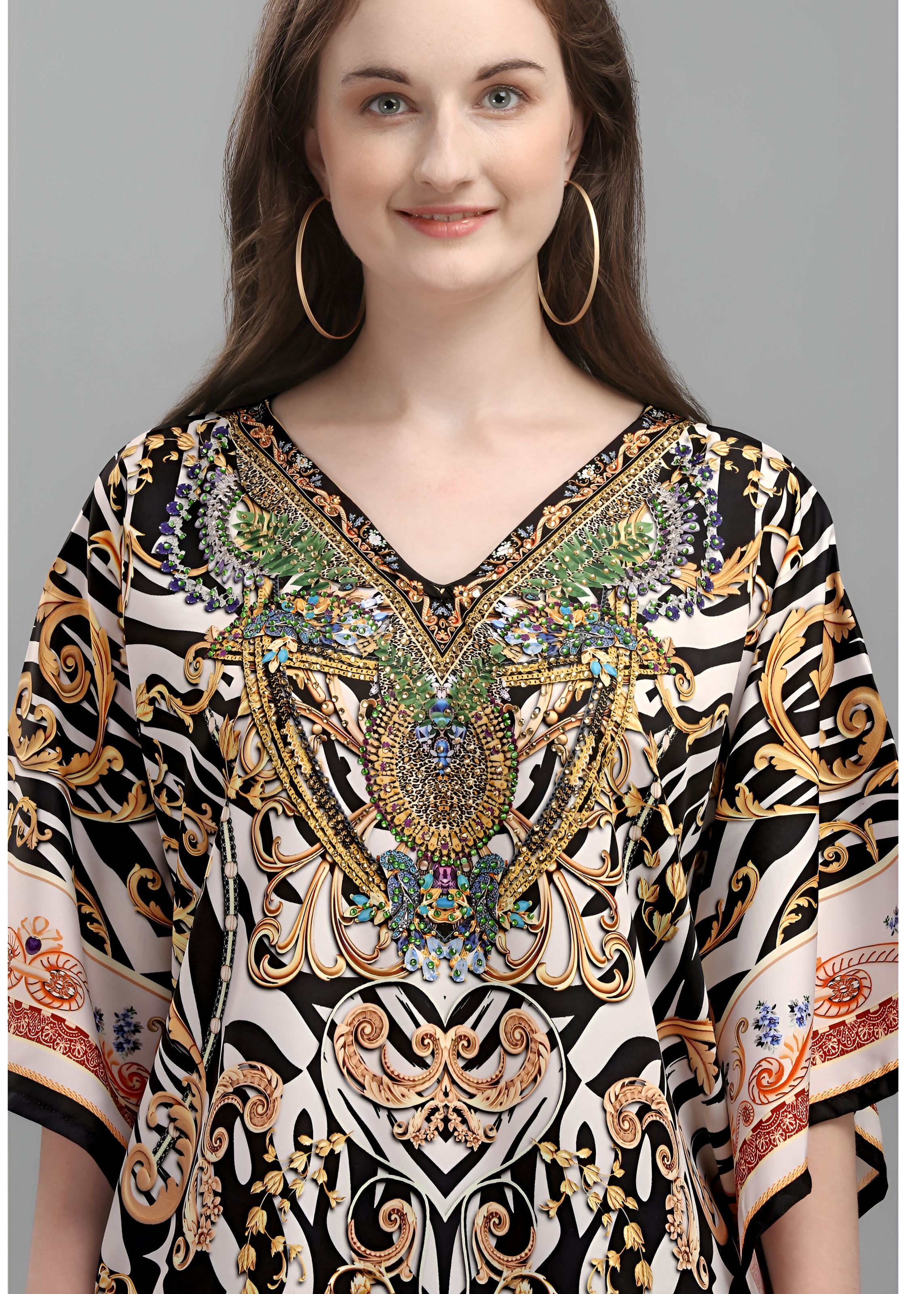 Multi Polyester Crepe Readymade Kaftan Digital Print With Stone Work