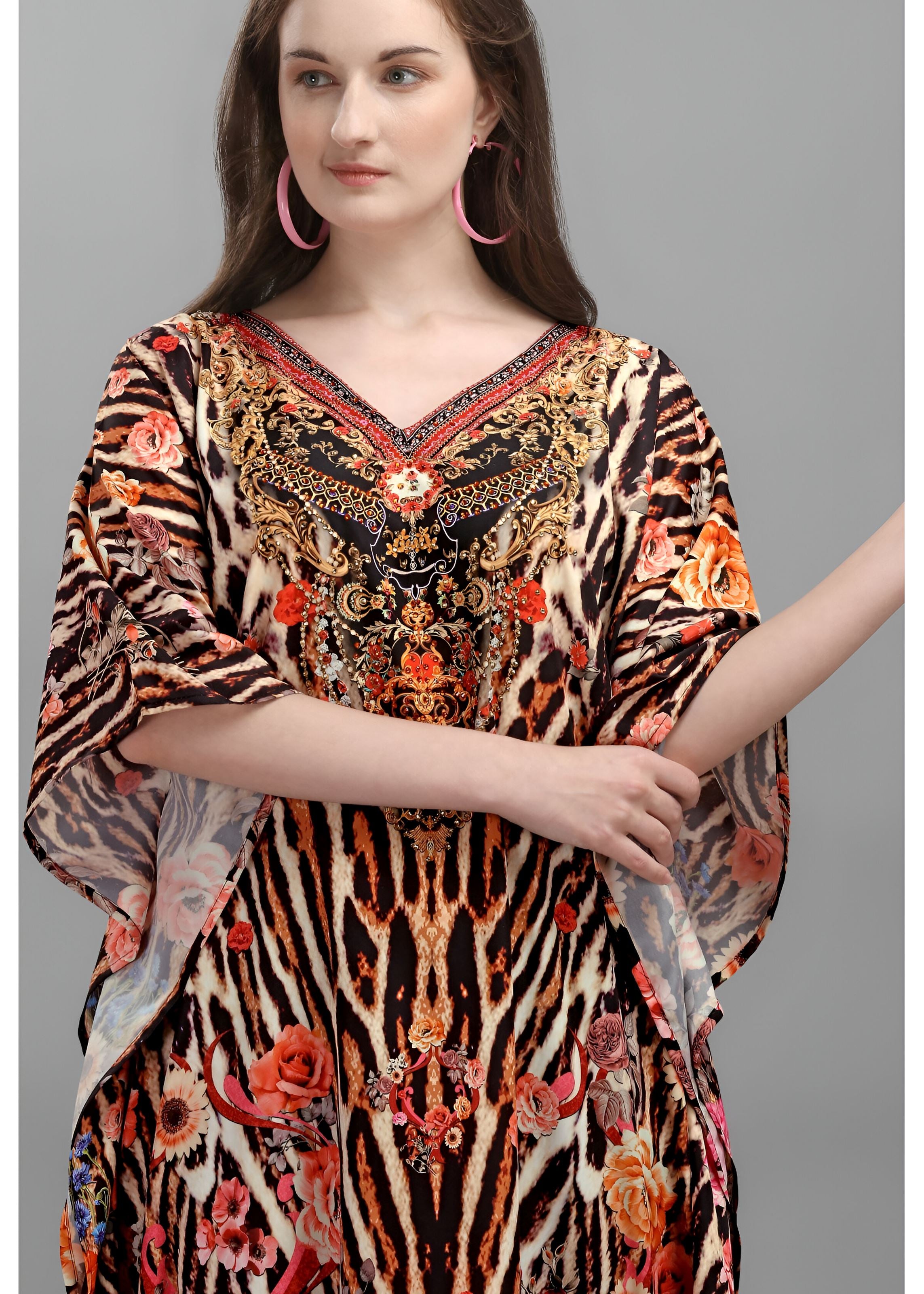 Multi Polyester Crepe Readymade Kaftan Digital Print With Stone Work