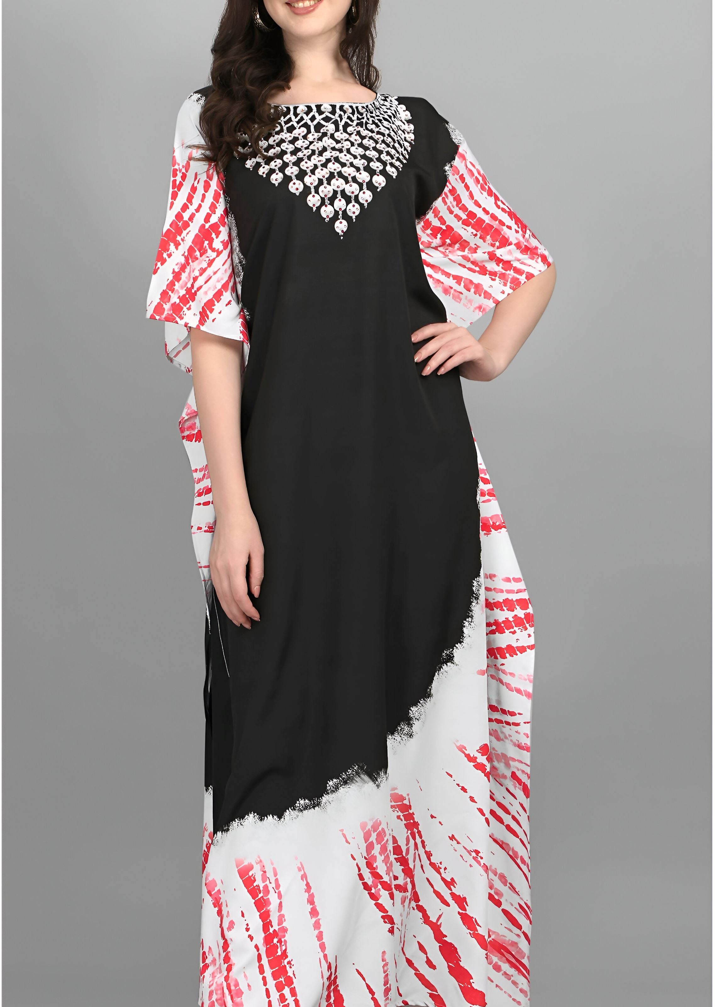 Multi Polyester Crepe Readymade Kaftan Digital Print With Stone Work