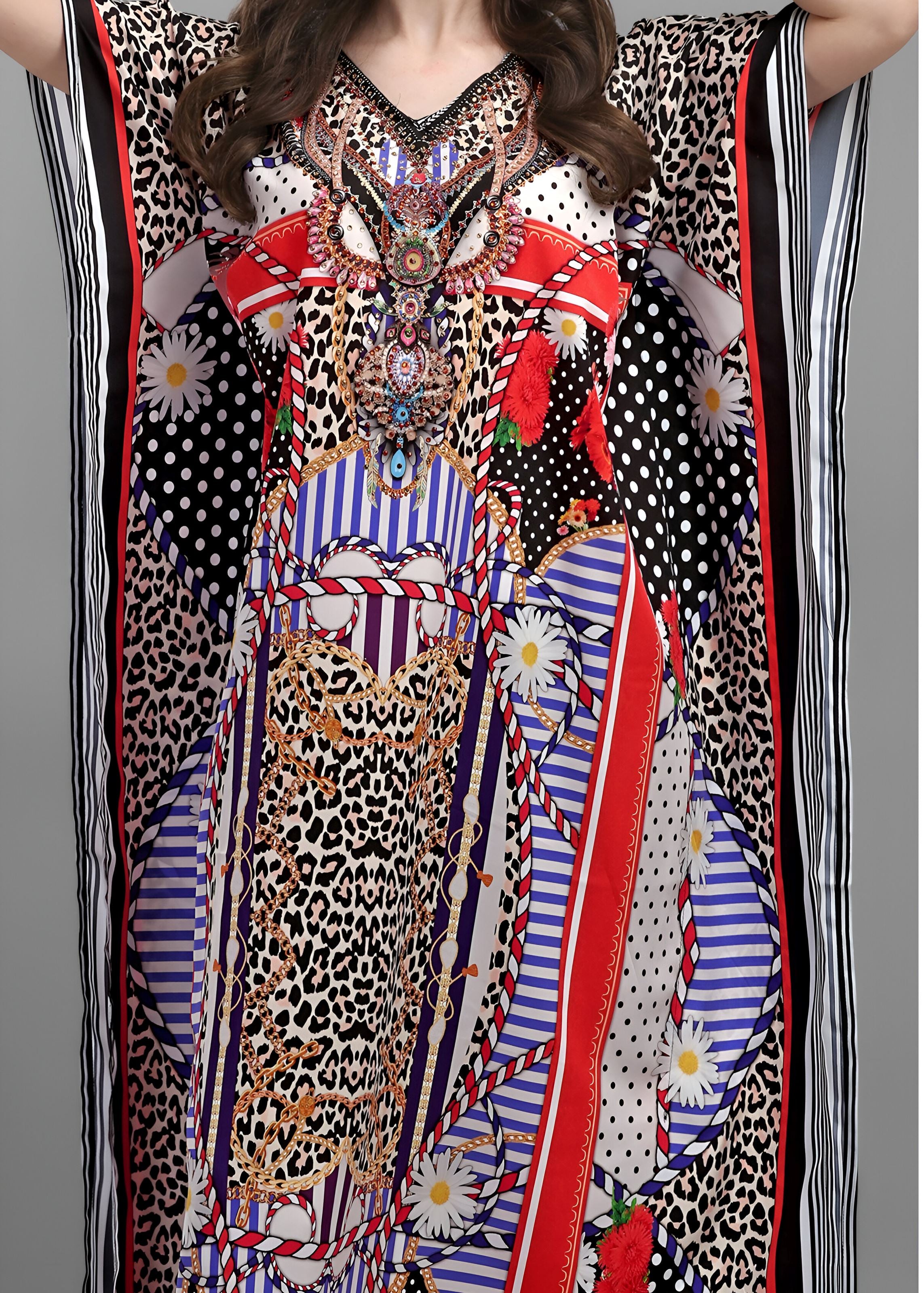 Multi Polyester Crepe Readymade Kaftan Digital Print With Stone Work