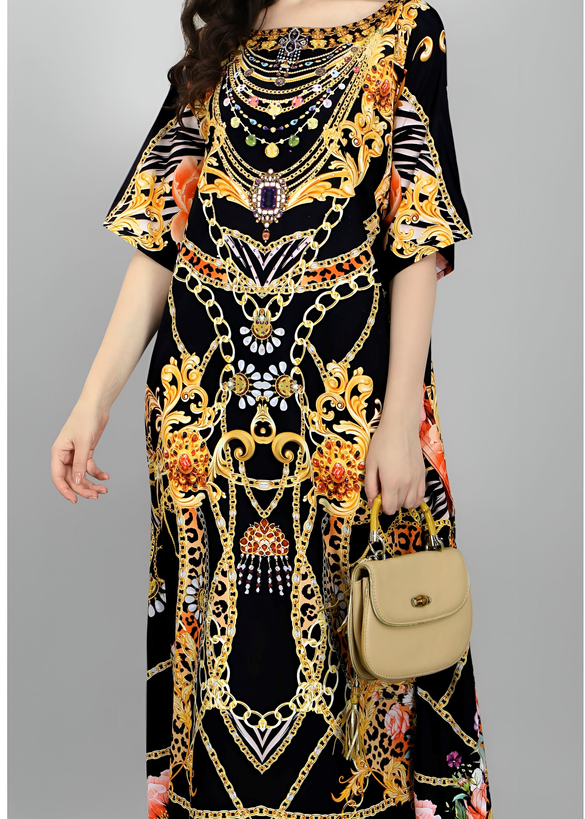 Multi Polyester Crepe Readymade Kaftan Digital Print With Stone Work