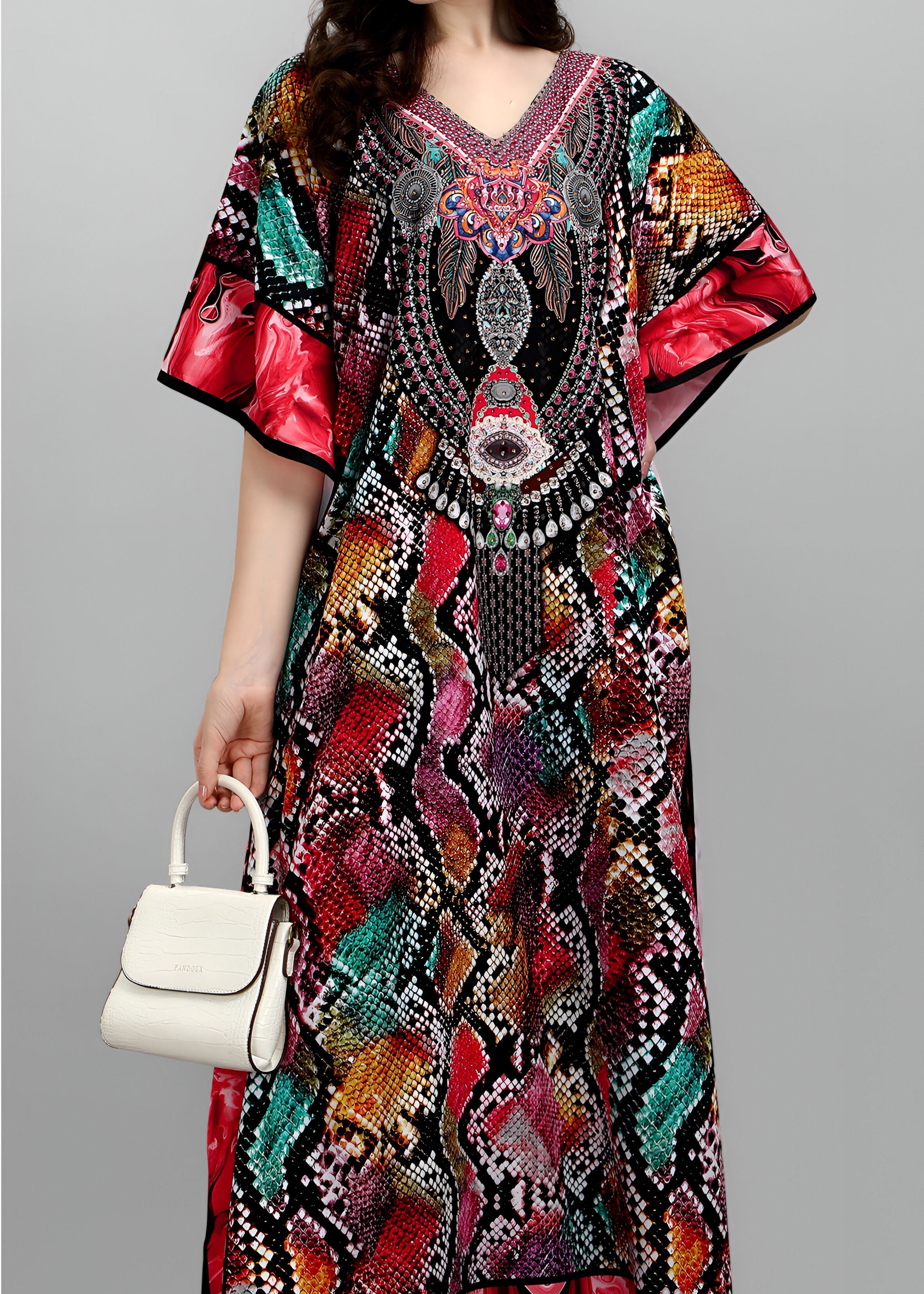 Multi Polyester Crepe Readymade Kaftan Digital Print With Stone Work