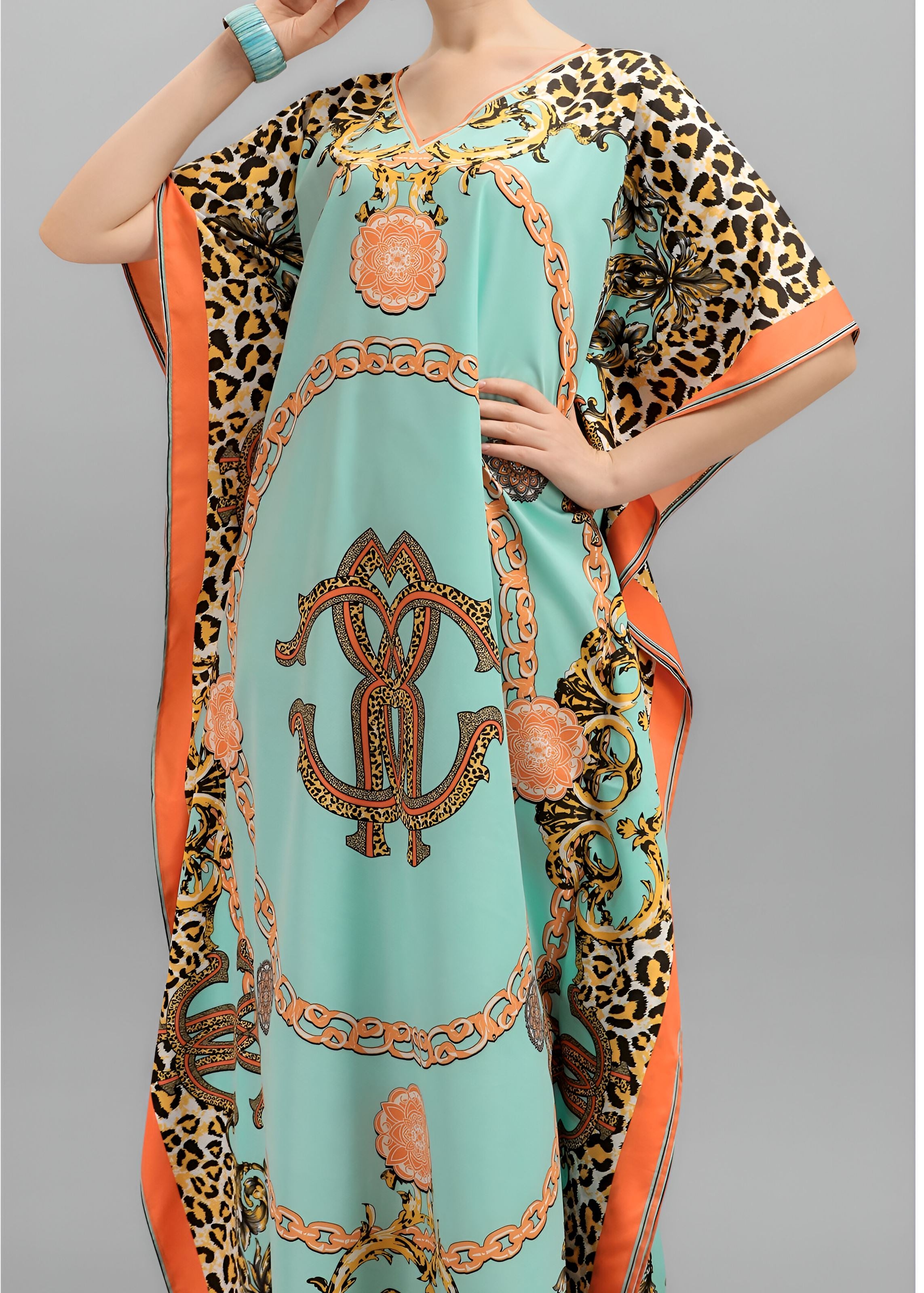 Multi Polyester Crepe Readymade Kaftan Digital Print With Stone Work