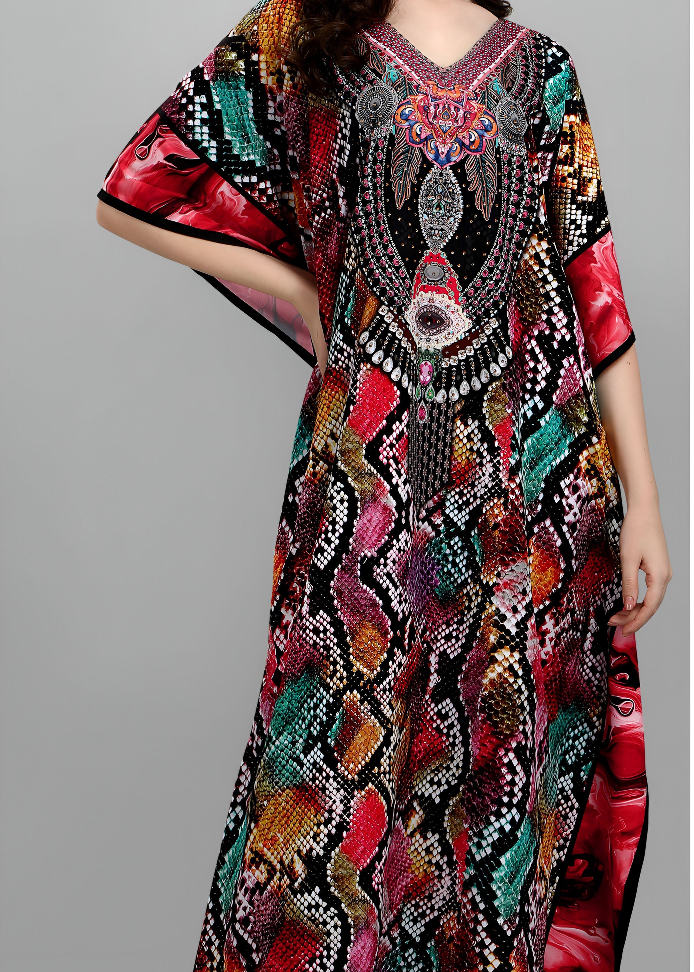 Multi Polyester Crepe Readymade Kaftan Digital Print With Stone Work