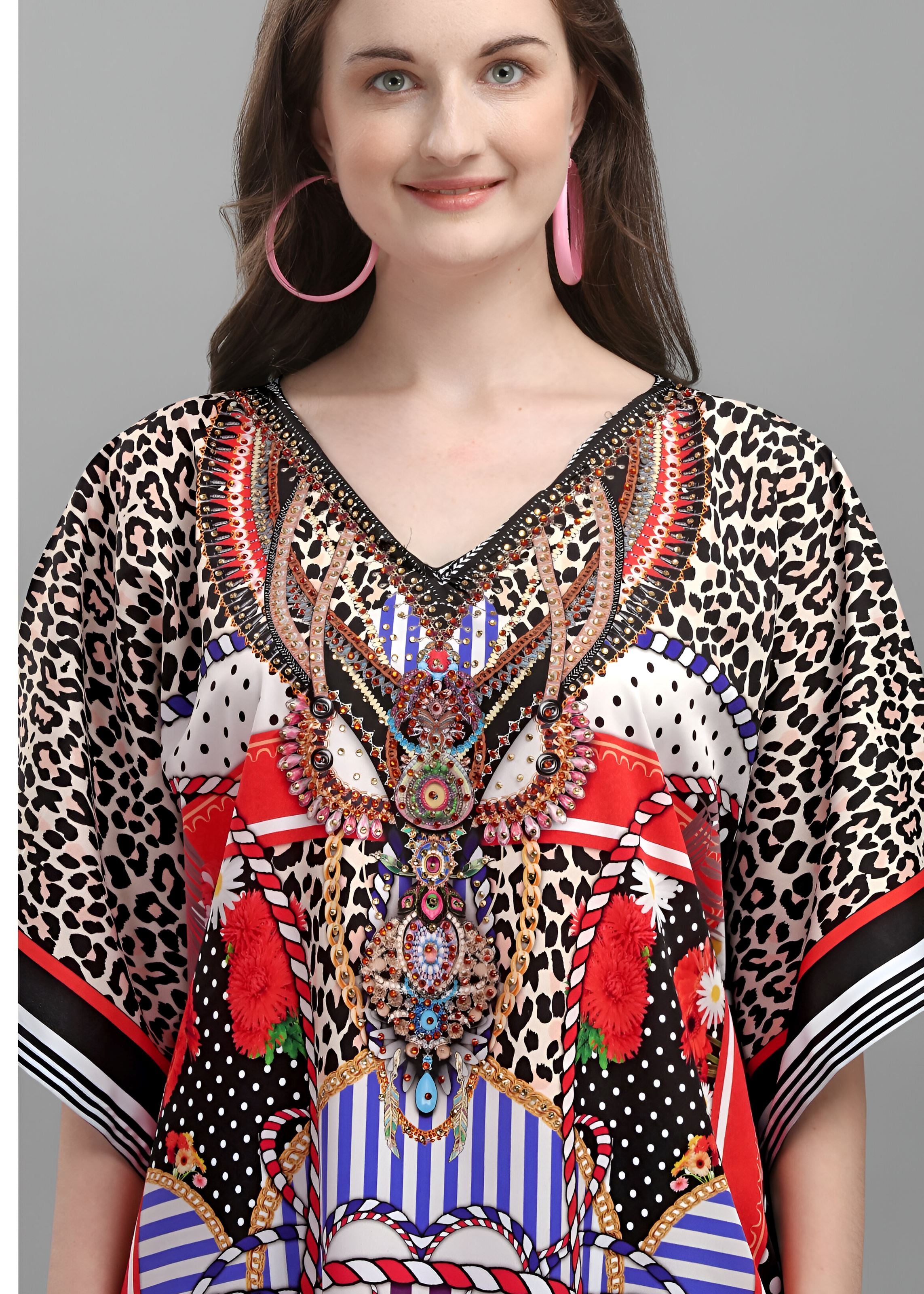 Multi Polyester Crepe Readymade Kaftan Digital Print With Stone Work