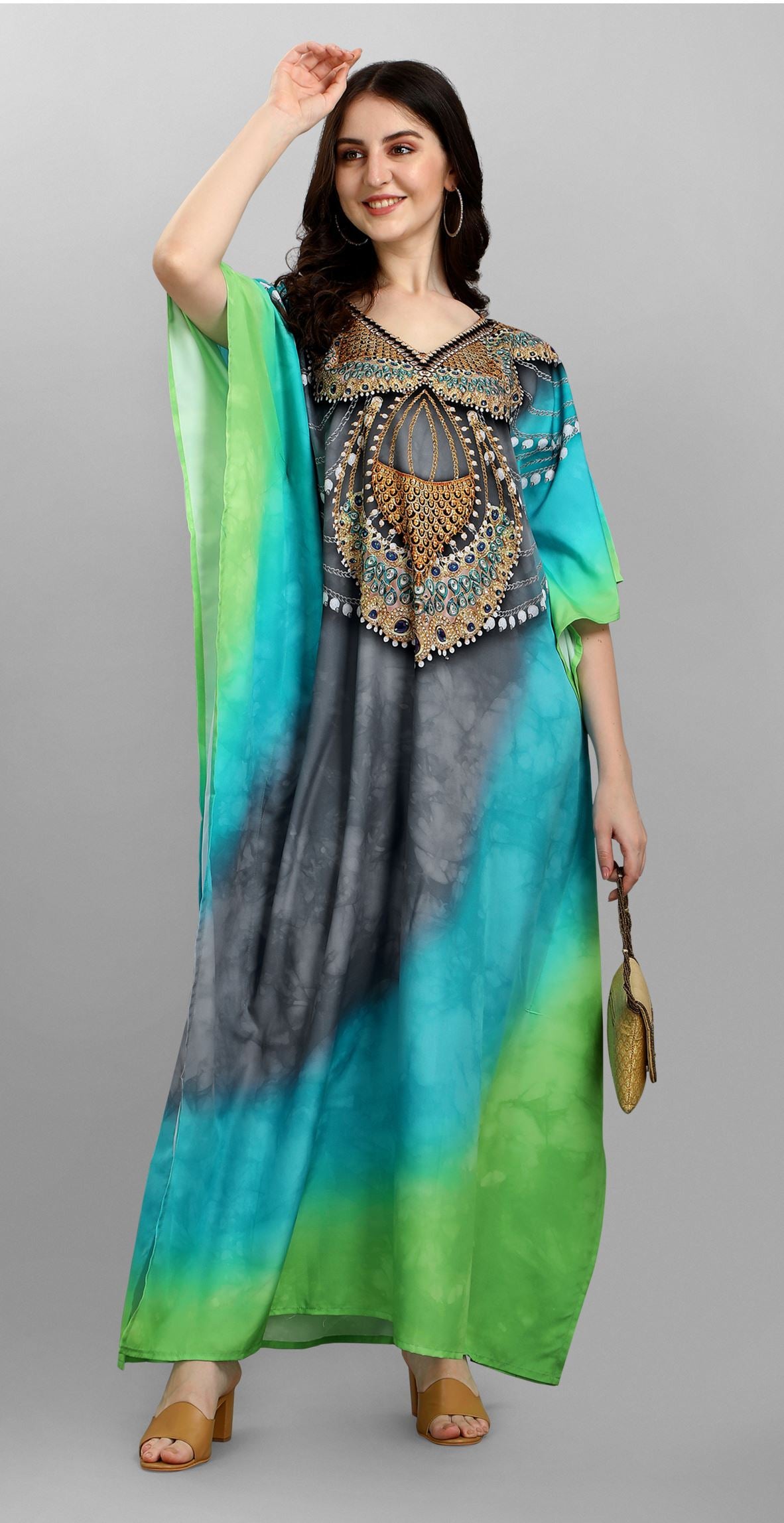 Multi Polyester Crepe Readymade Kaftan Digital Print With Stone Work