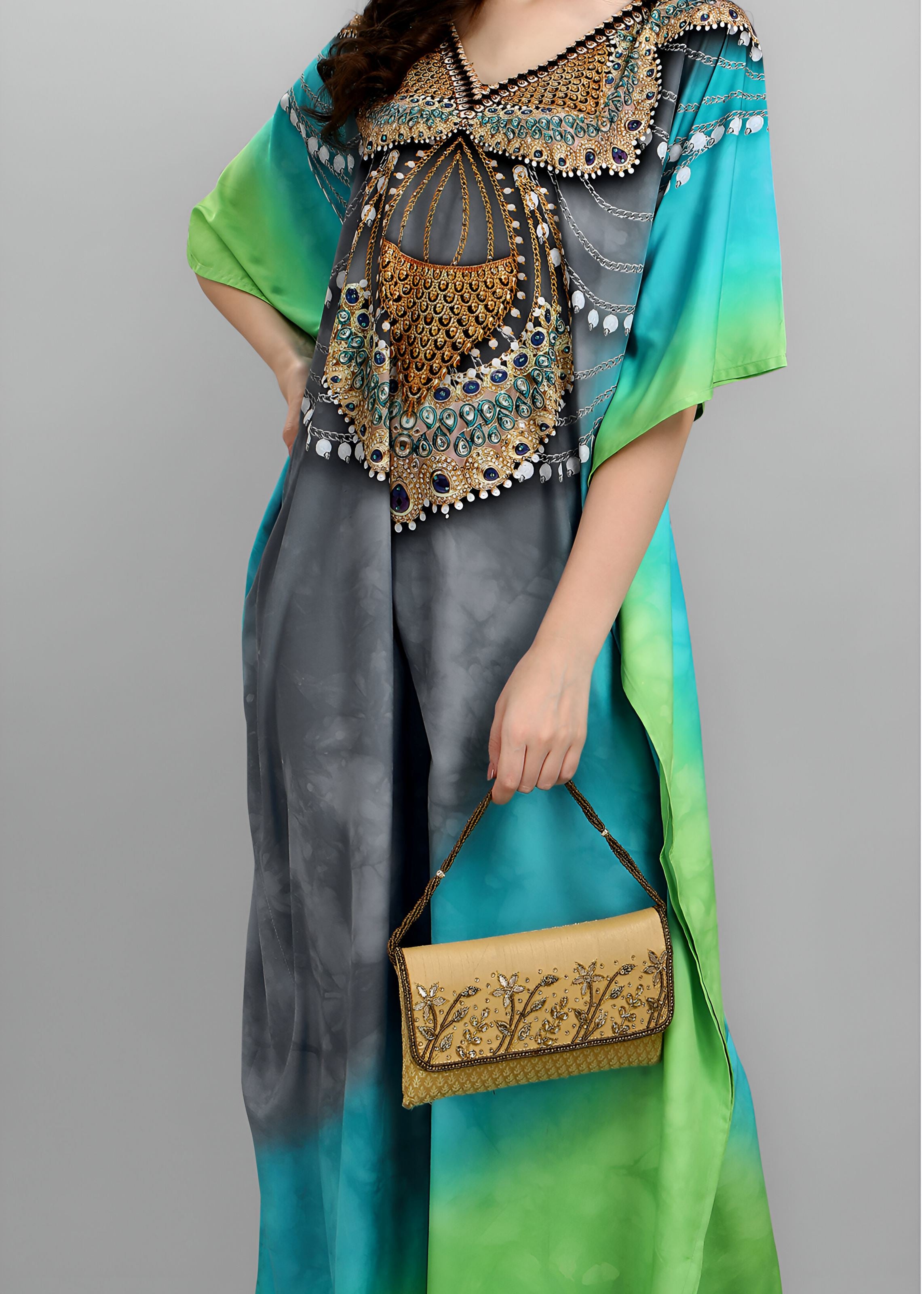 Multi Polyester Crepe Readymade Kaftan Digital Print With Stone Work