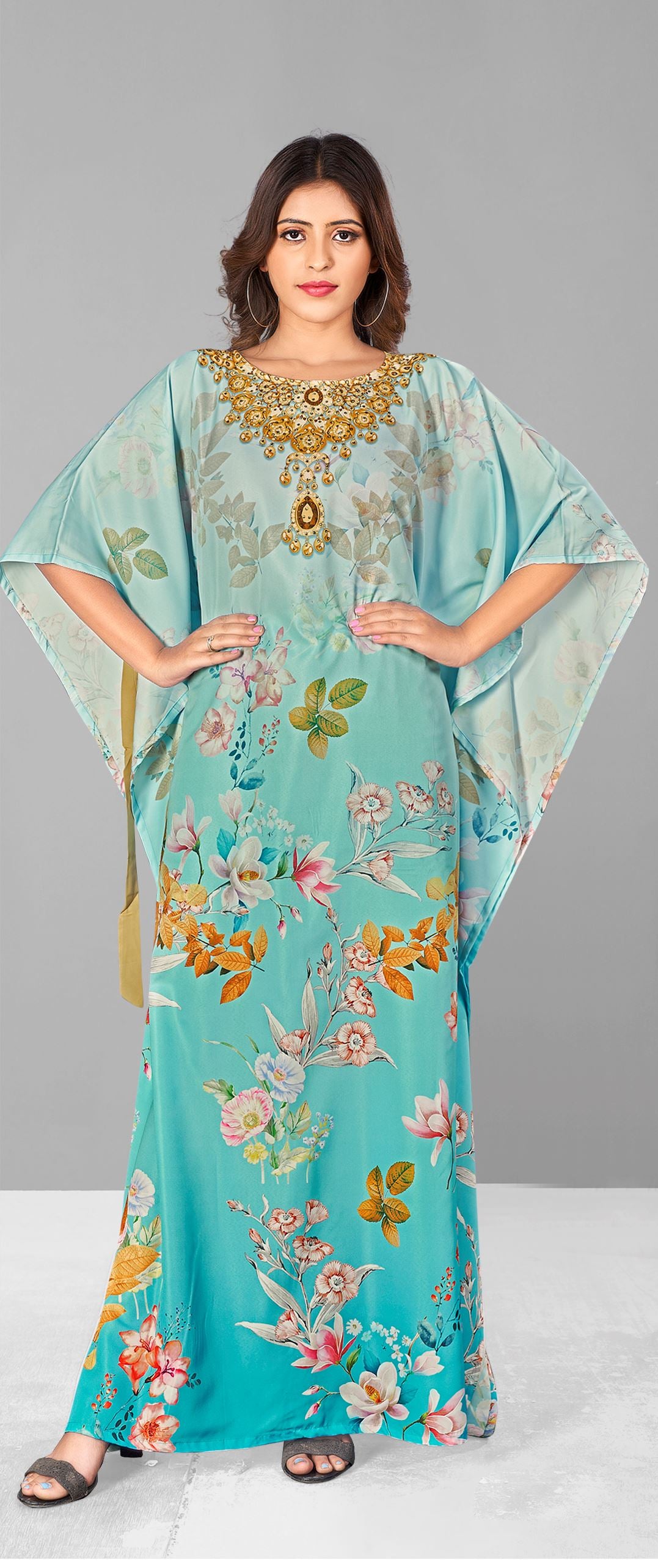 Multi Polyester Crepe Readymade Kaftan Digital Print With Stone Work