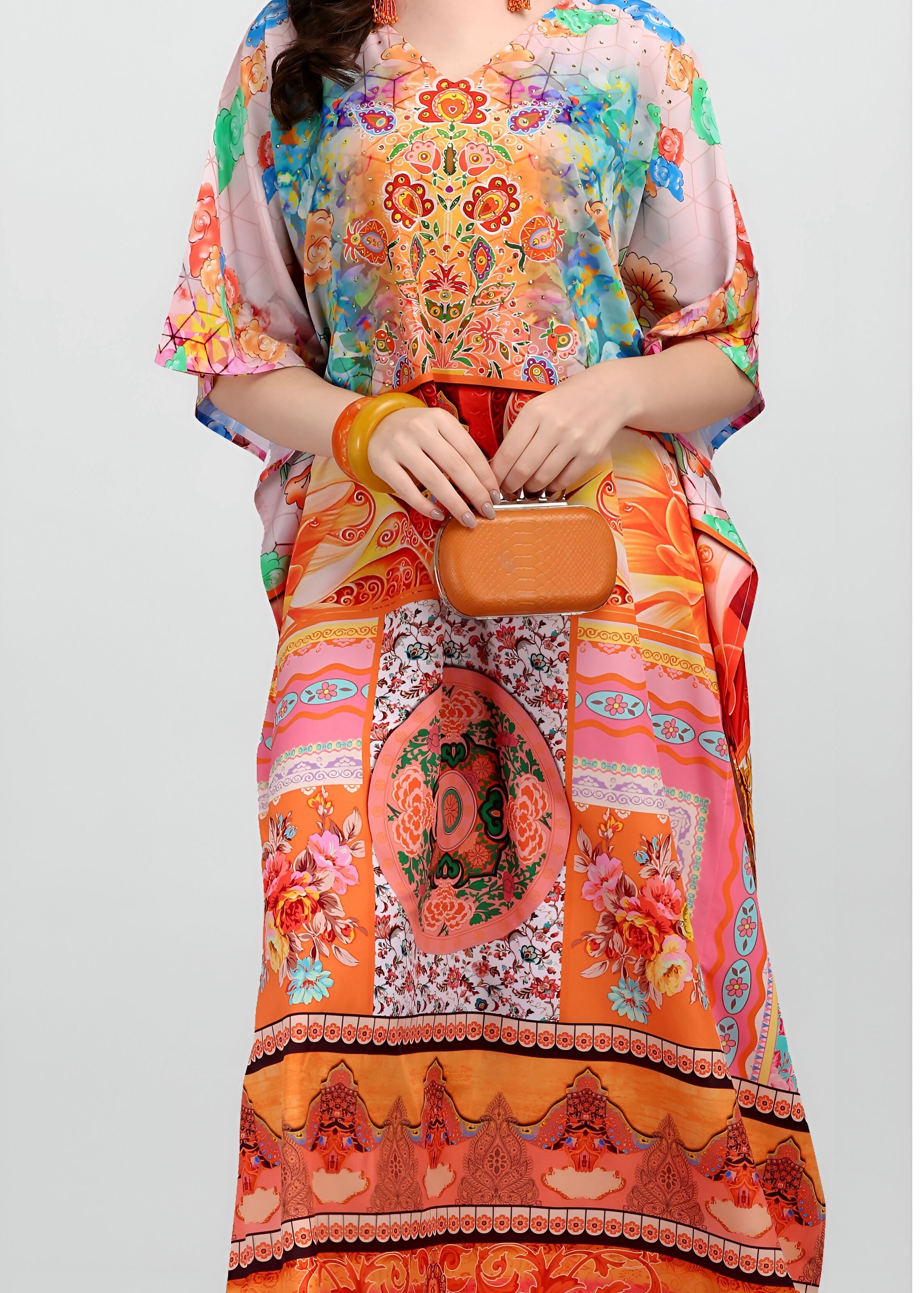 Multi Polyester Crepe Readymade Kaftan Digital Print With Stone Work