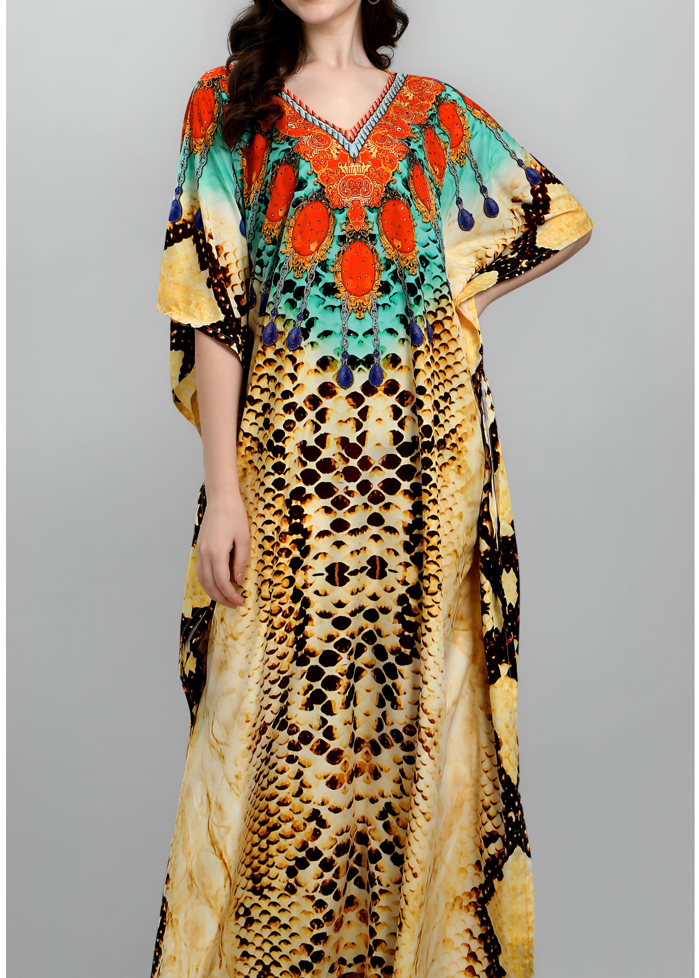 Multi Polyester Crepe Readymade Kaftan Digital Print With Stone Work