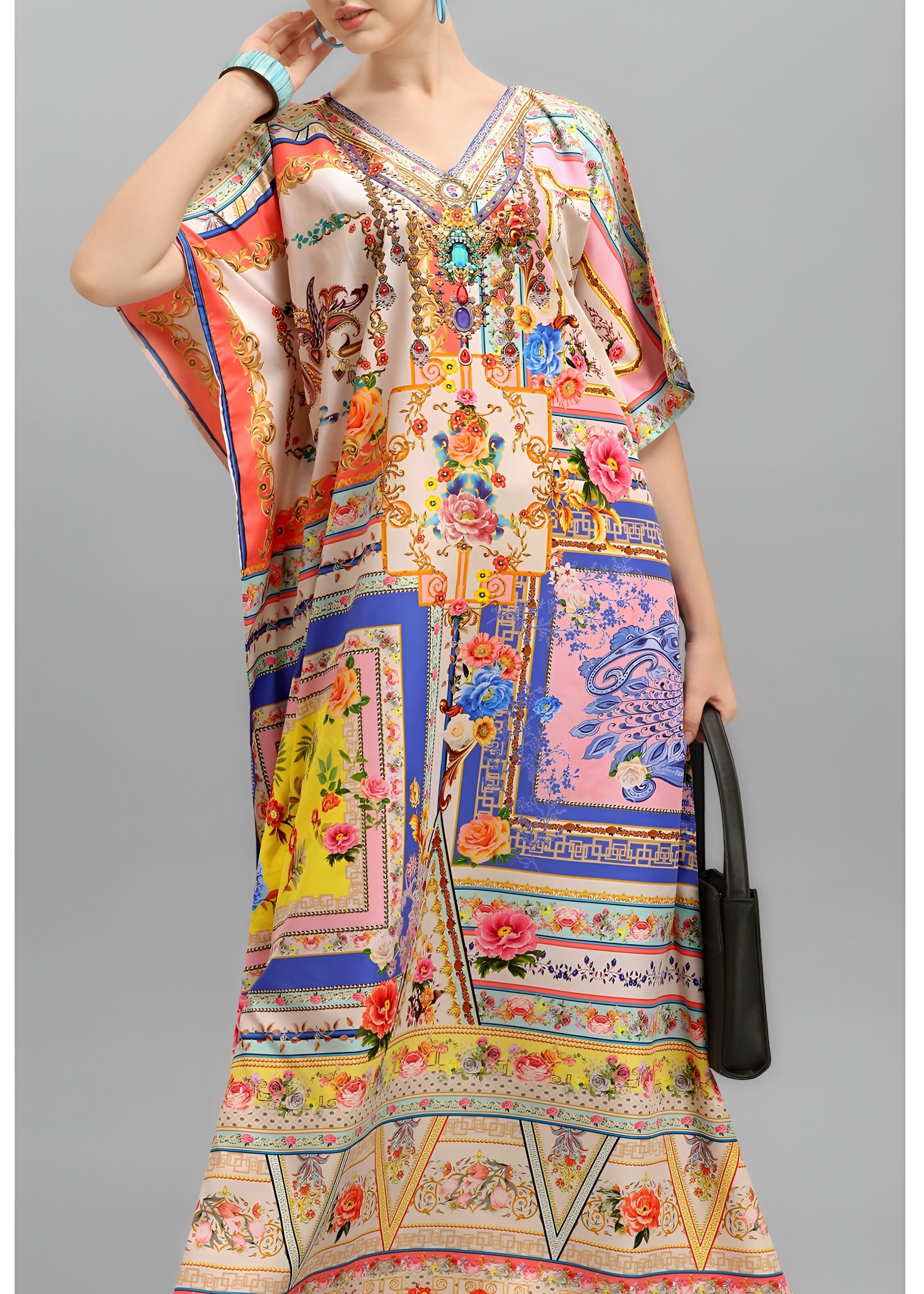 Multi Polyester Crepe Readymade Kaftan Digital Print With Stone Work