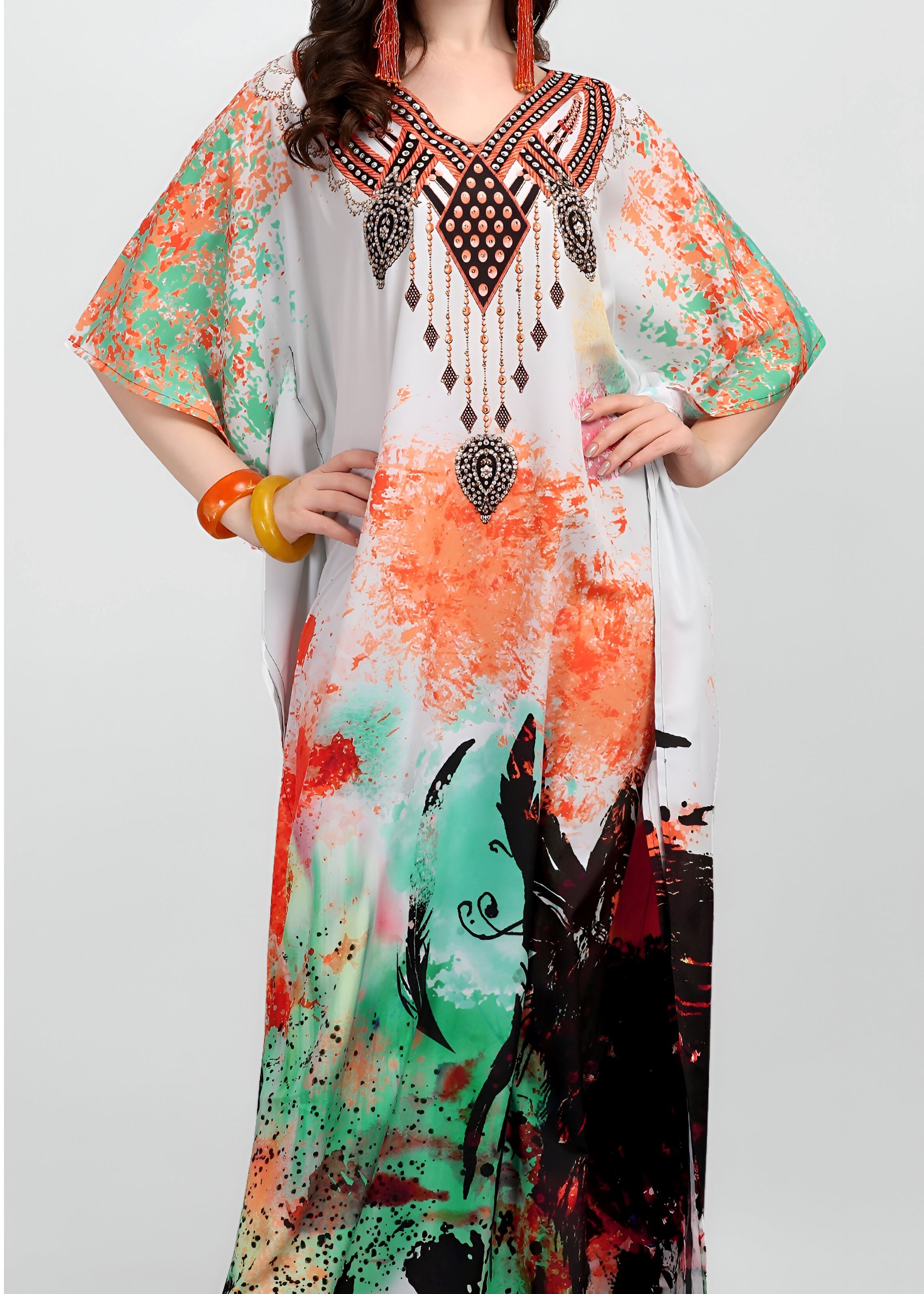 Multi Polyester Crepe Readymade Kaftan Digital Print With Stone Work