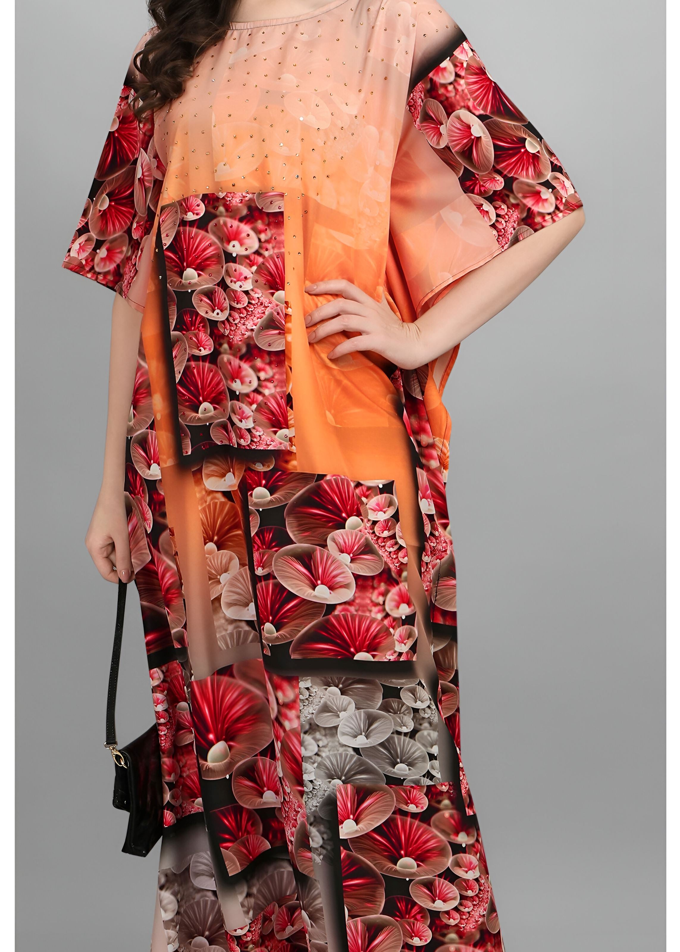 Multi Polyester Crepe Readymade Kaftan Digital Print With Stone Work