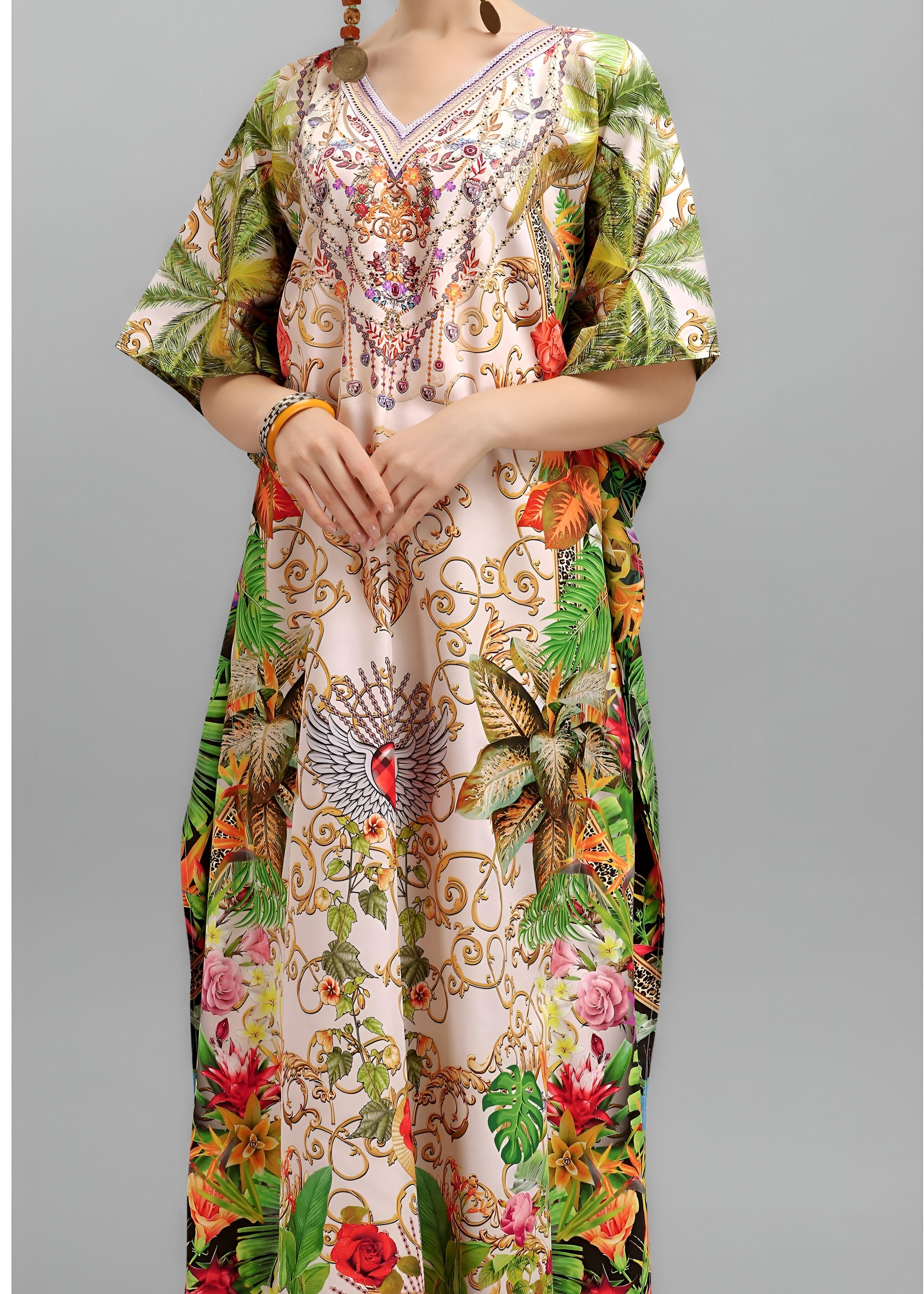 Multi Polyester Crepe Readymade Kaftan Digital Print With Stone Work
