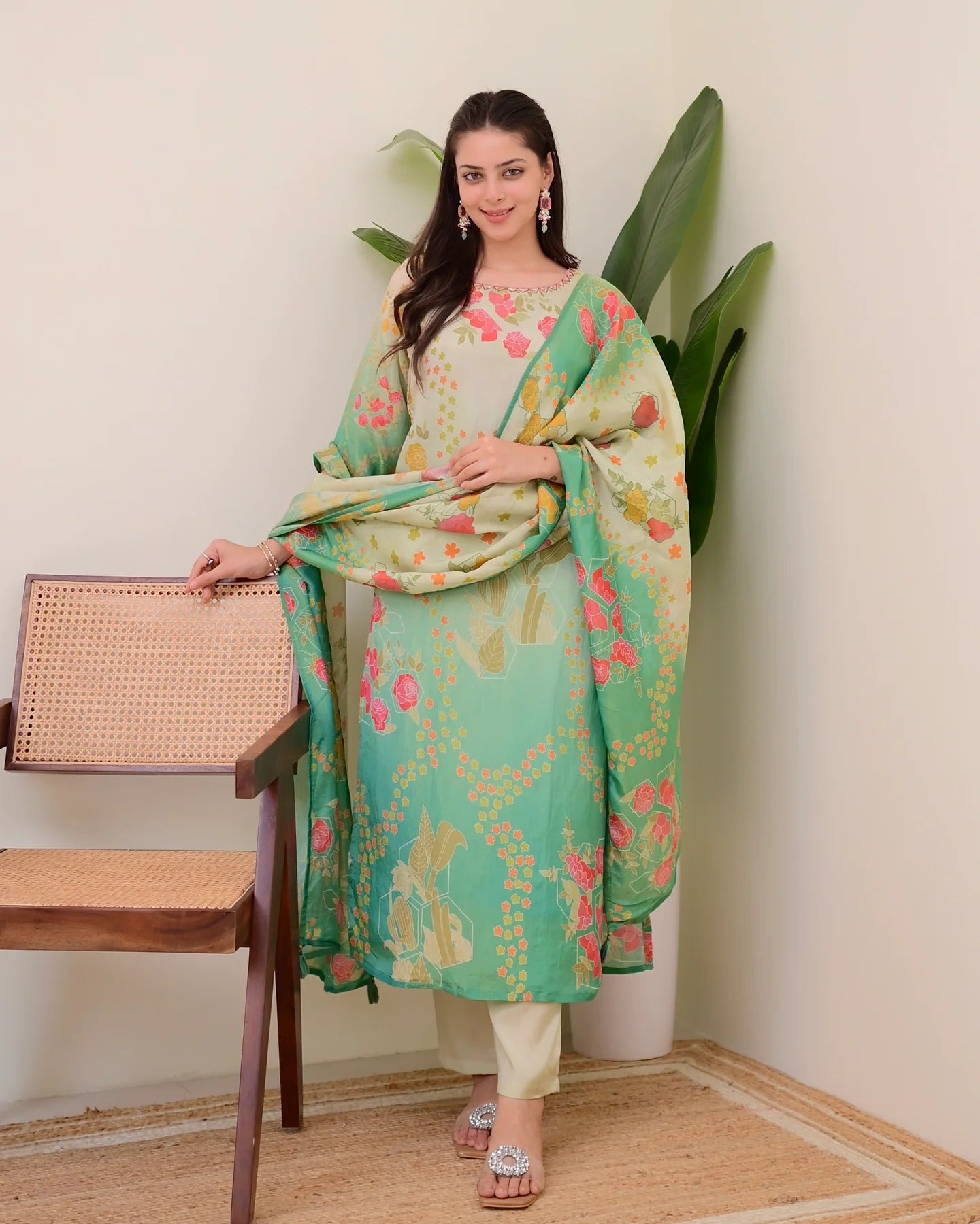 Multicolor Assam Silk Kurta Pant Set With Print With Work On Neck